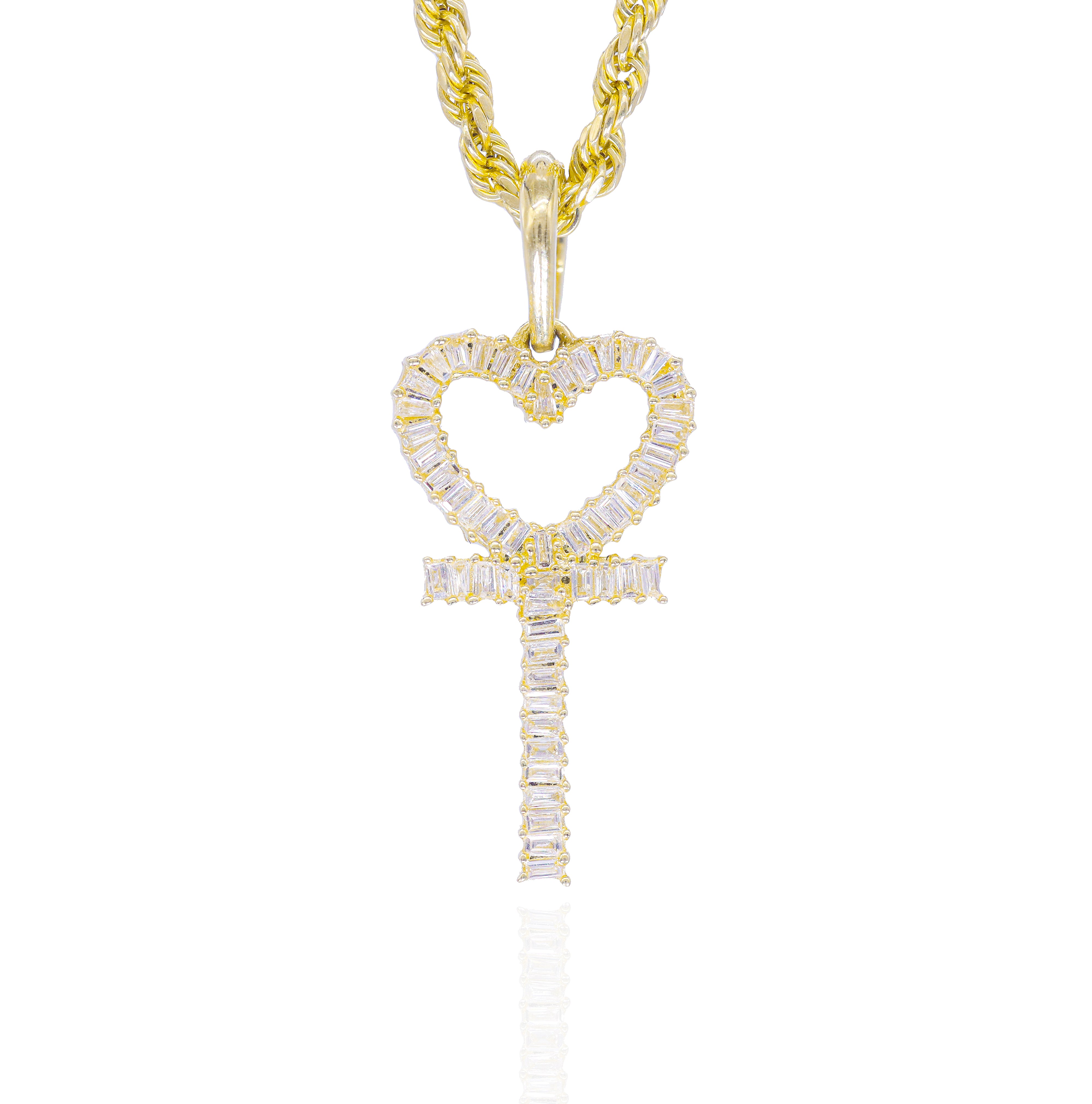 Baguette Diamond Heart Outline Cross Pendant