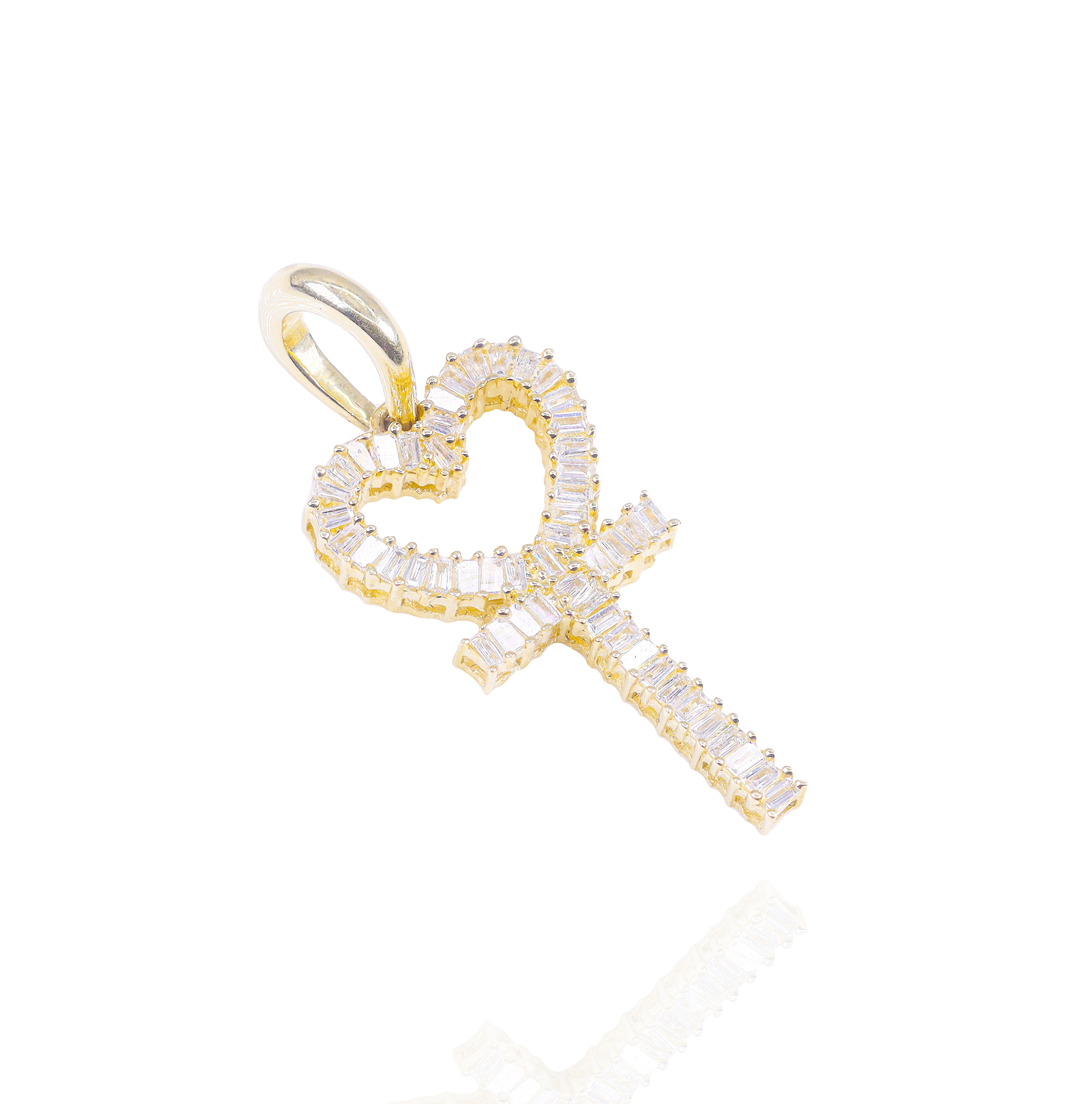 Baguette Diamond Heart Outline Cross Pendant