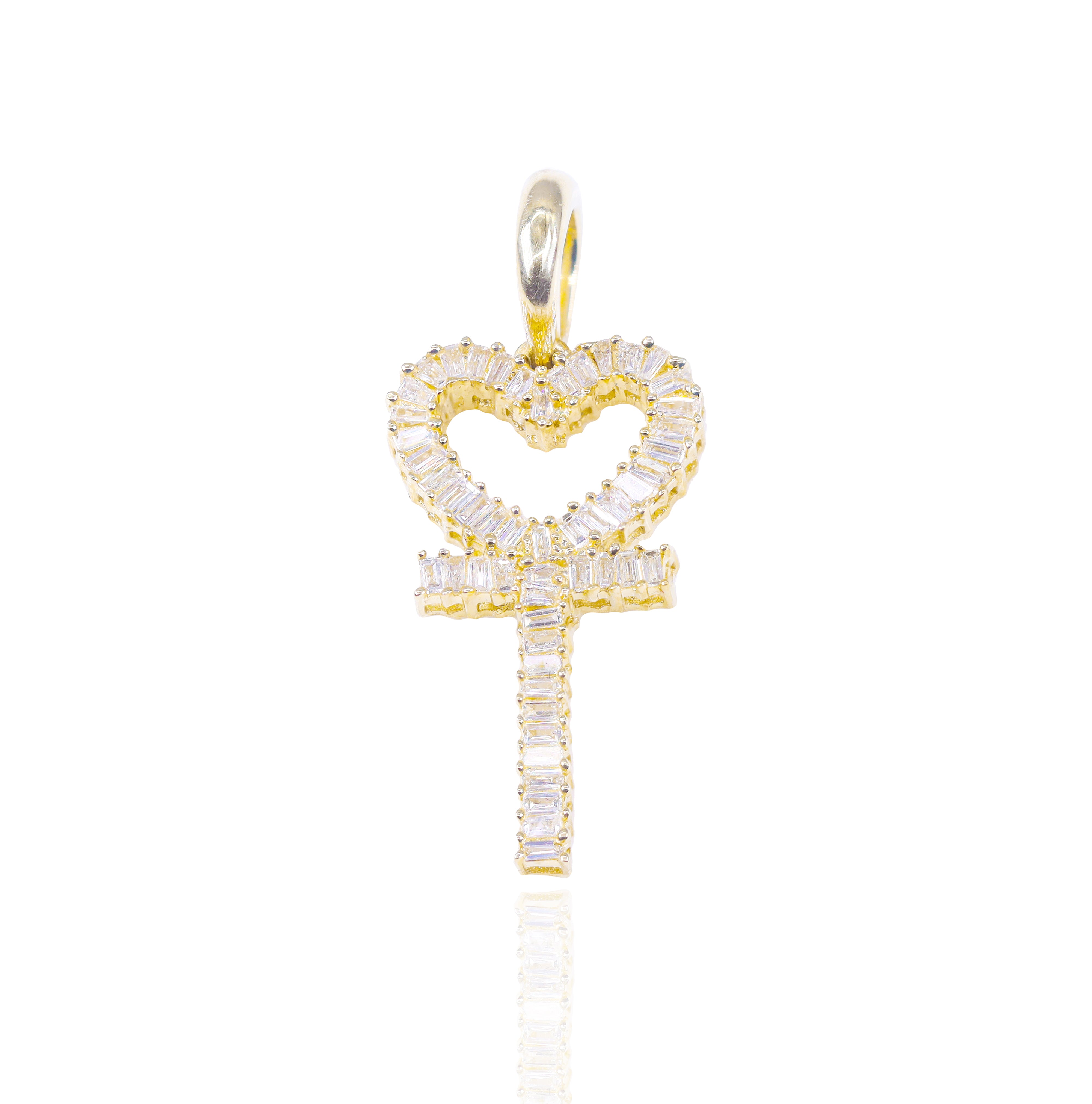Baguette Diamond Heart Outline Cross Pendant