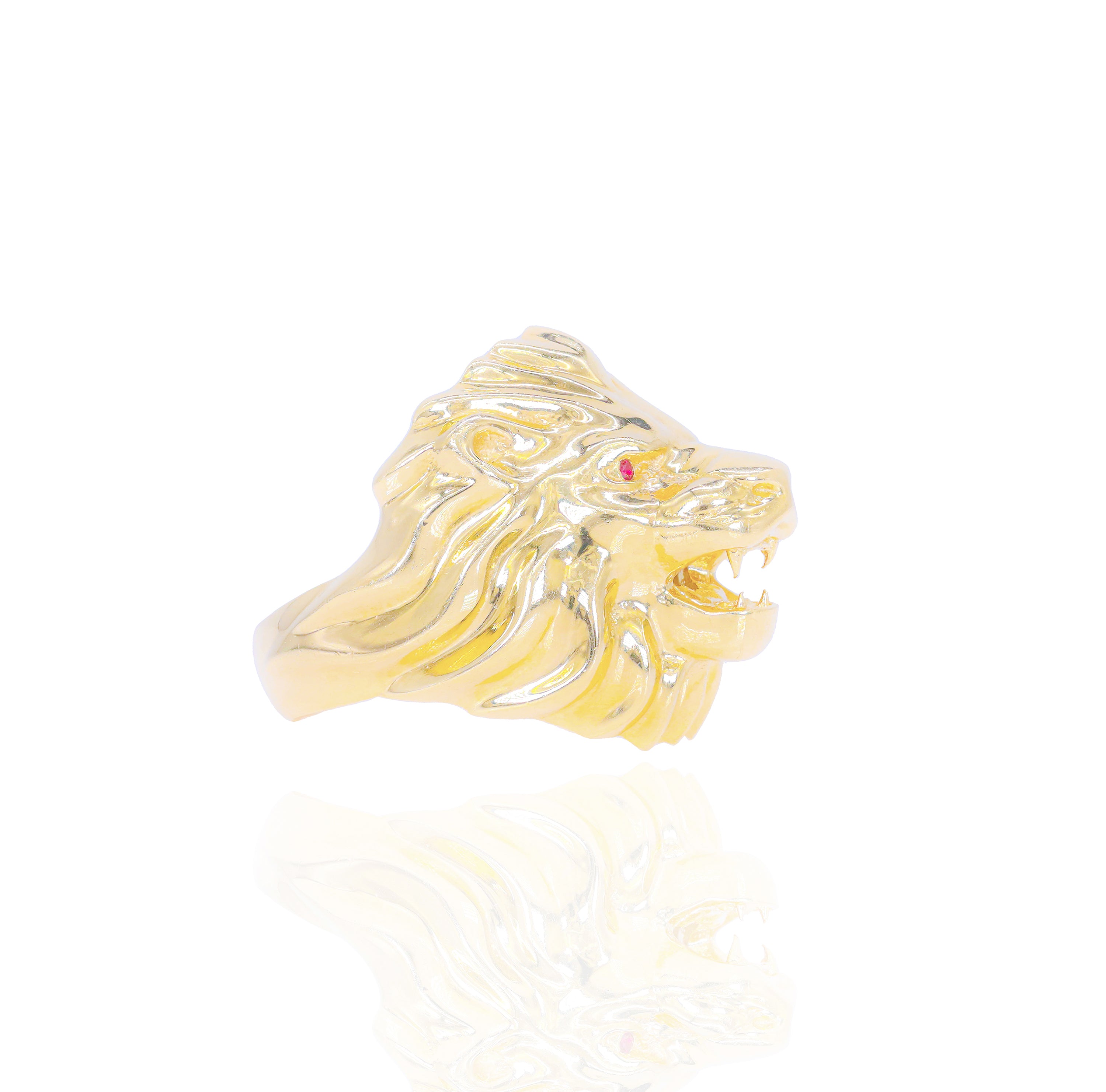 Lion Head Solid Gold Ring w/ Red Rubies Eyes