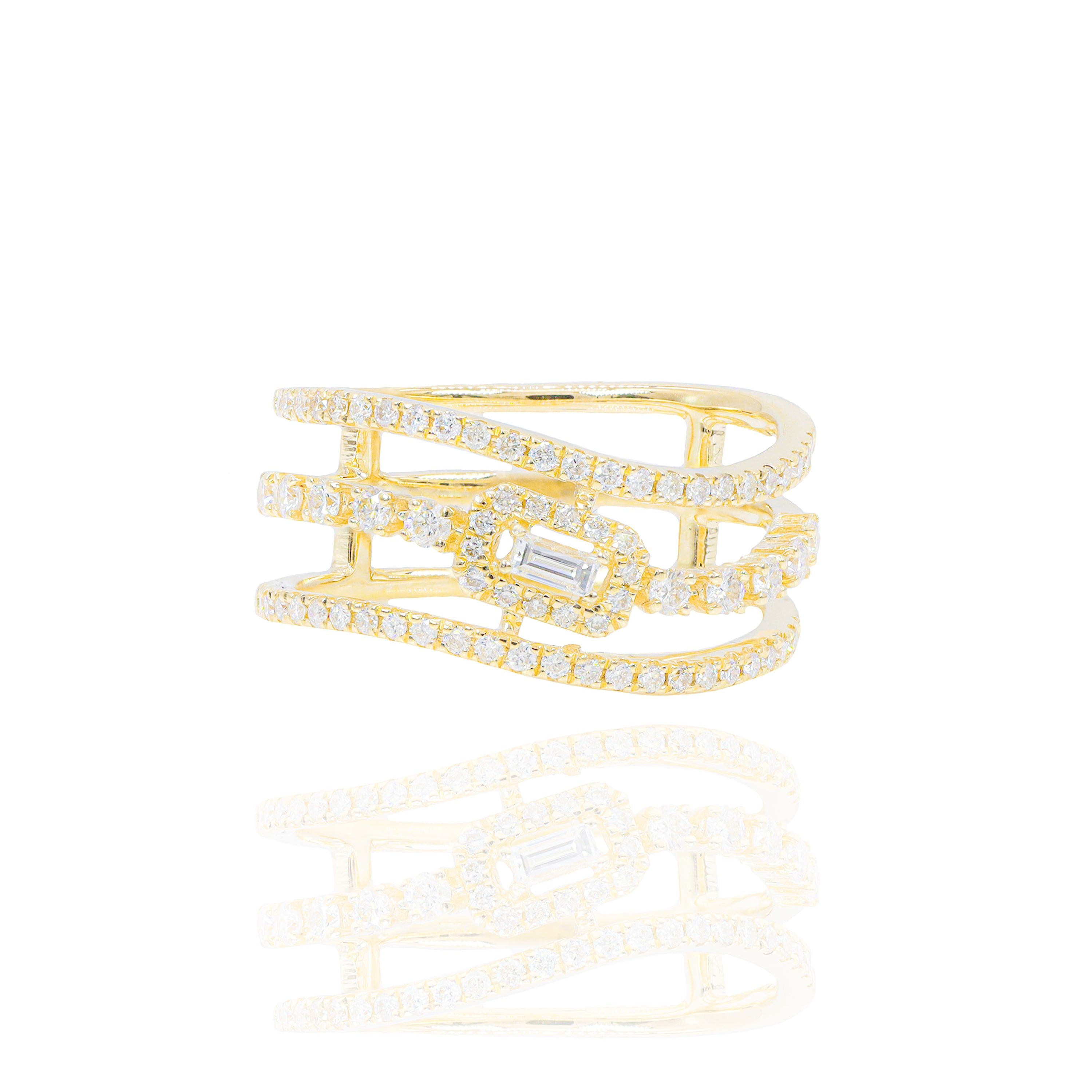 Three Row Center Baguette Diamond Ring