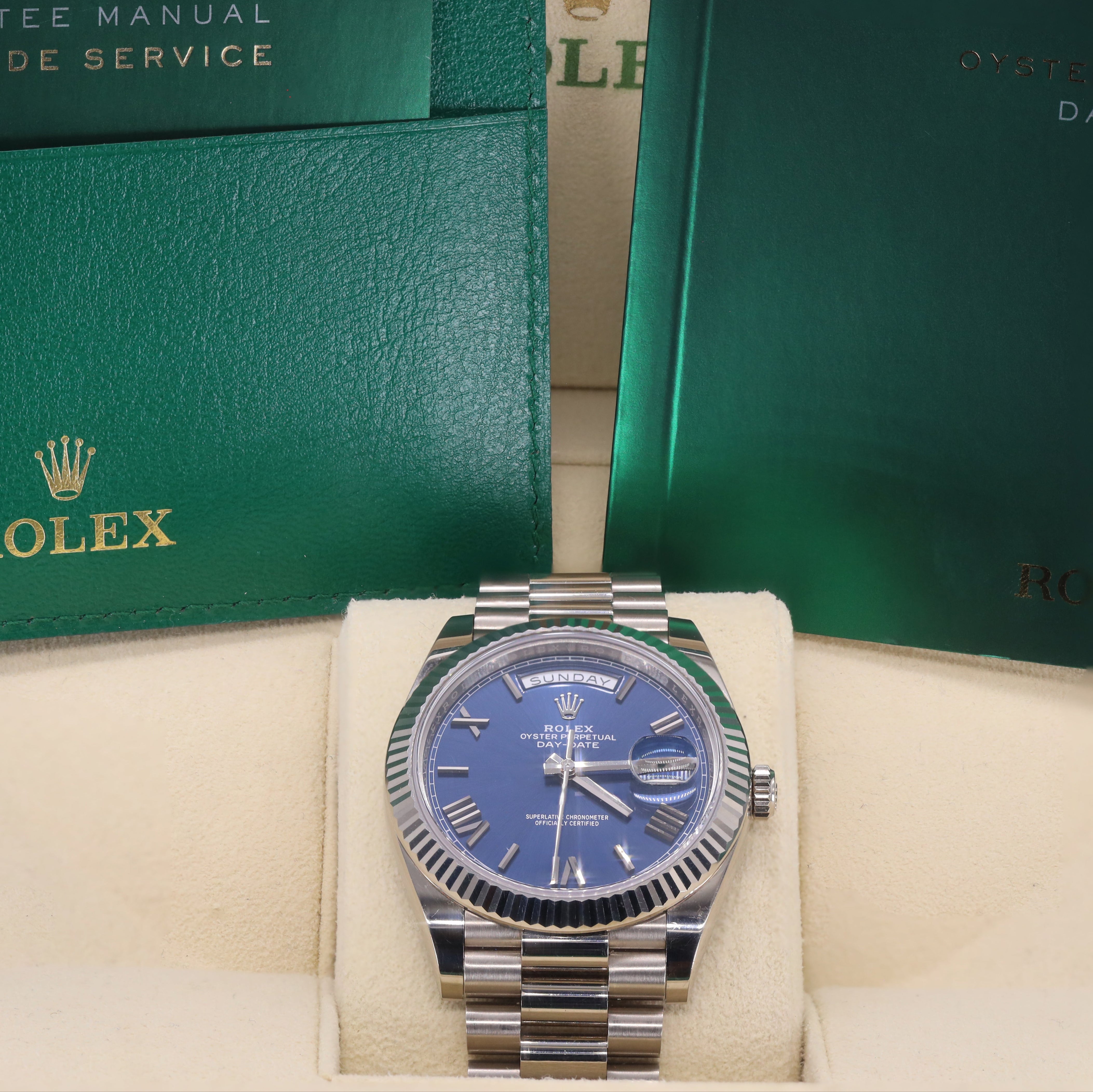 Rolex 228239 Day-Date 40mm White Gold Bright Blue Roman Dial