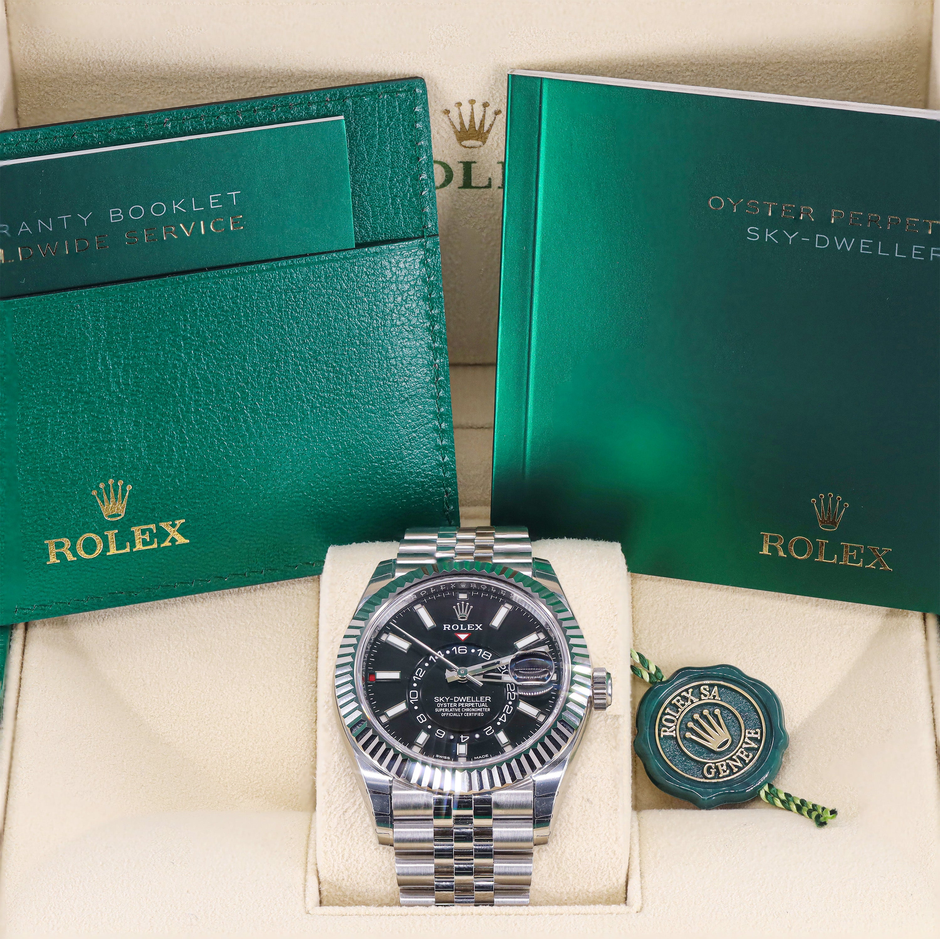 Rolex 326933 Sky Dweller 42mm Black Dial Stainless Jubilee Fluted Bezel