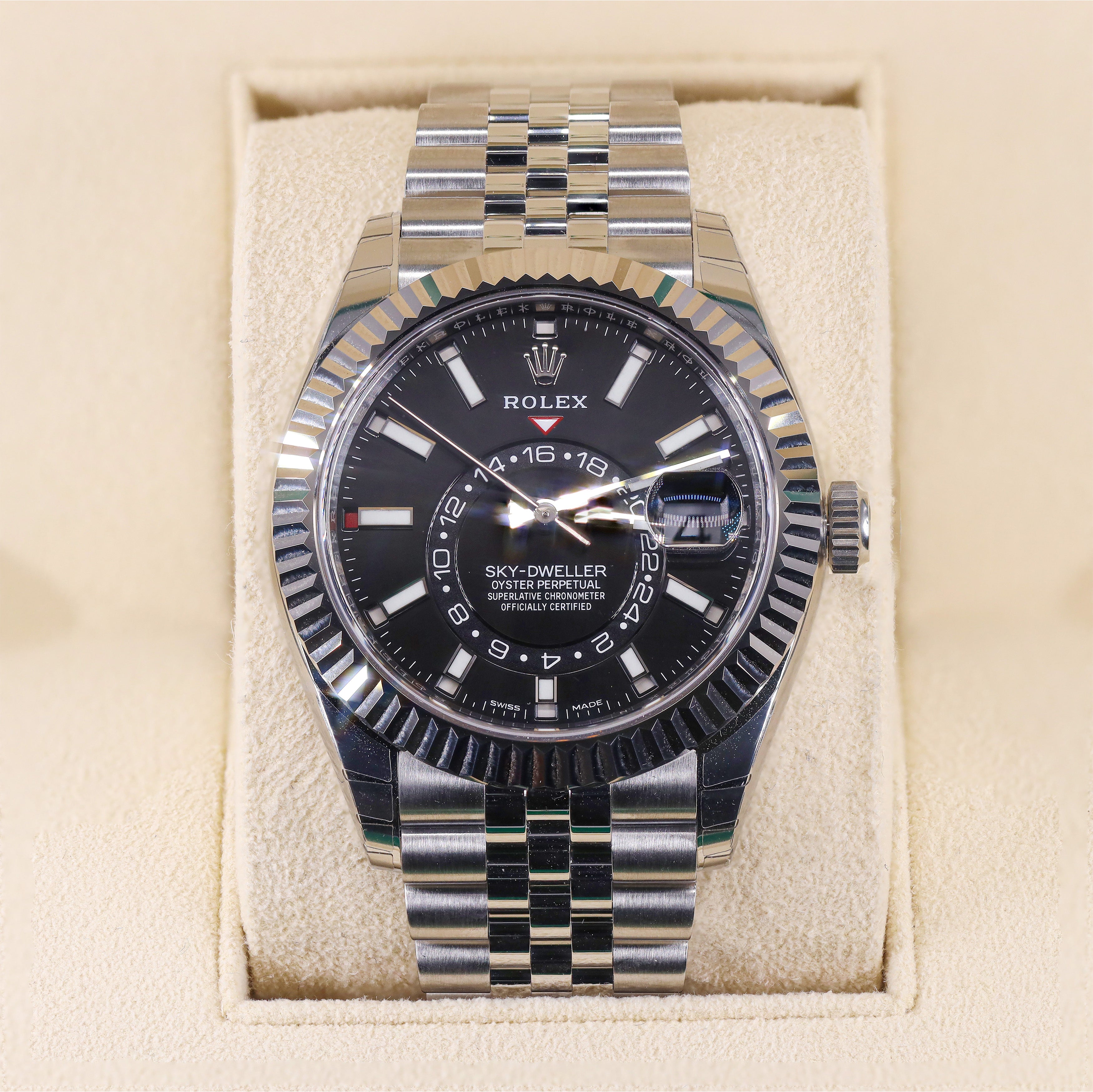 Rolex 326933 Sky Dweller 42mm Black Dial Stainless Jubilee Fluted Bezel