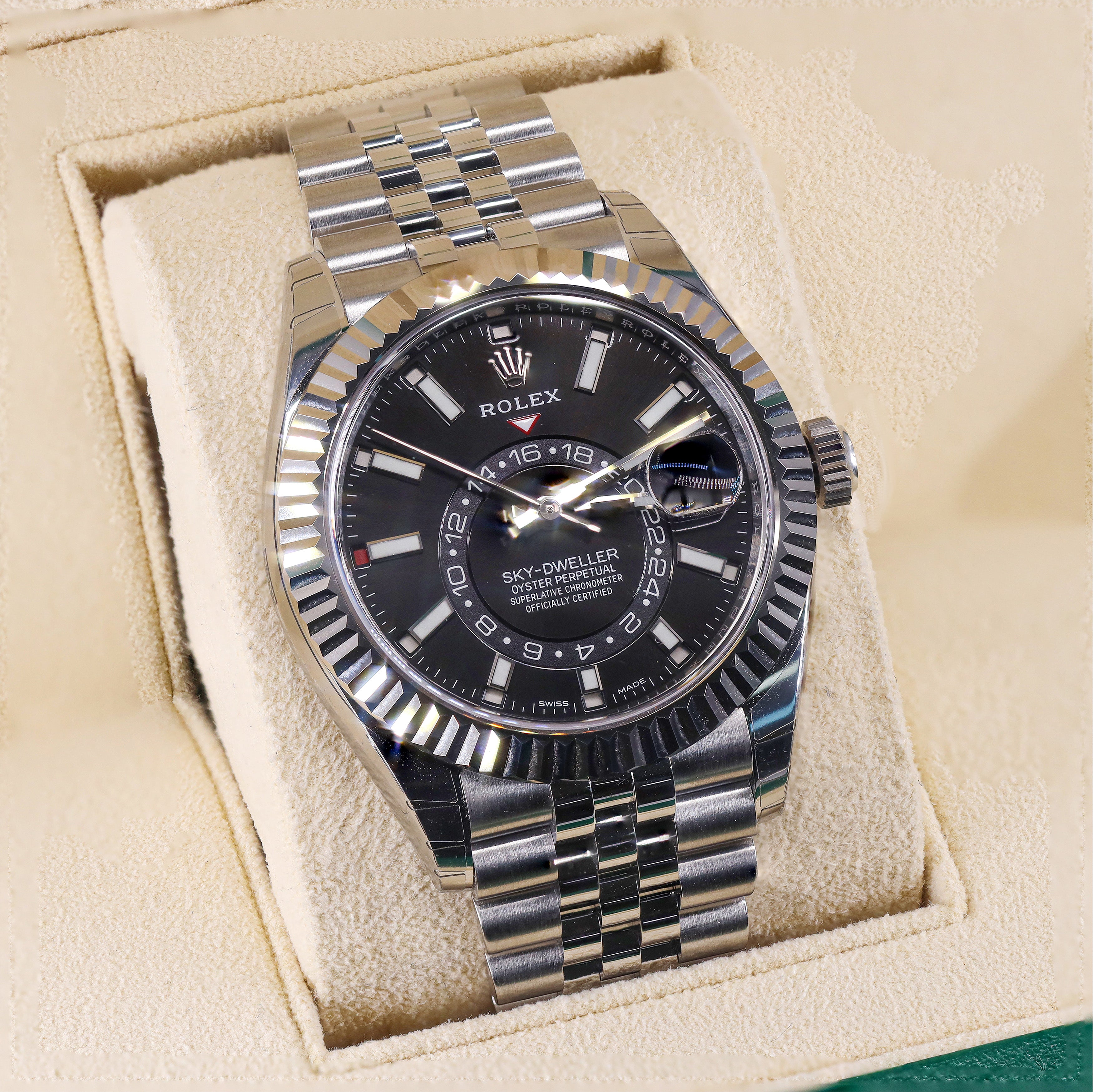 Rolex 326933 Sky Dweller 42mm Black Dial Stainless Jubilee Fluted Bezel
