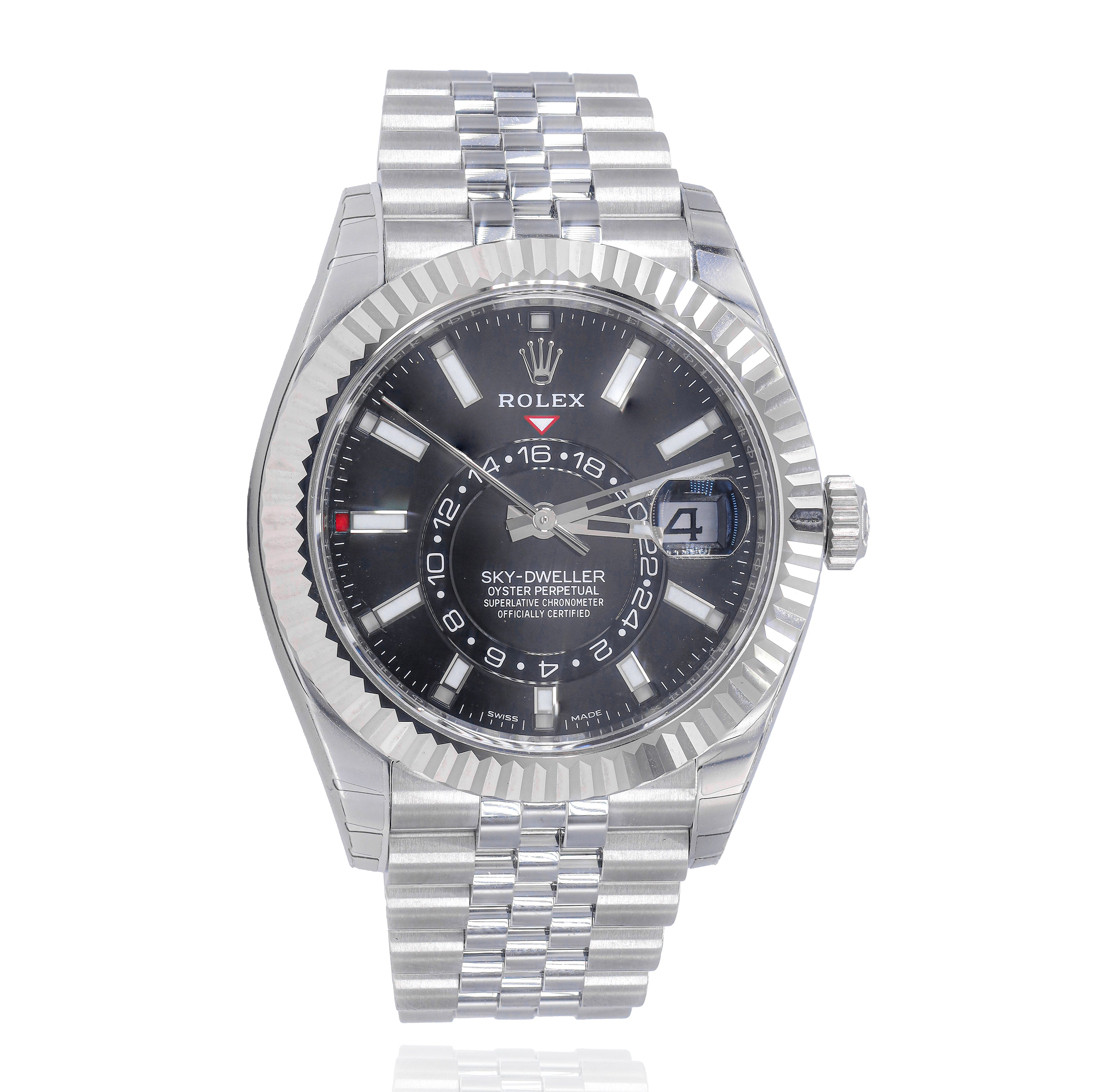 Rolex 326933 Sky Dweller 42mm Black Dial Stainless Jubilee Fluted Bezel
