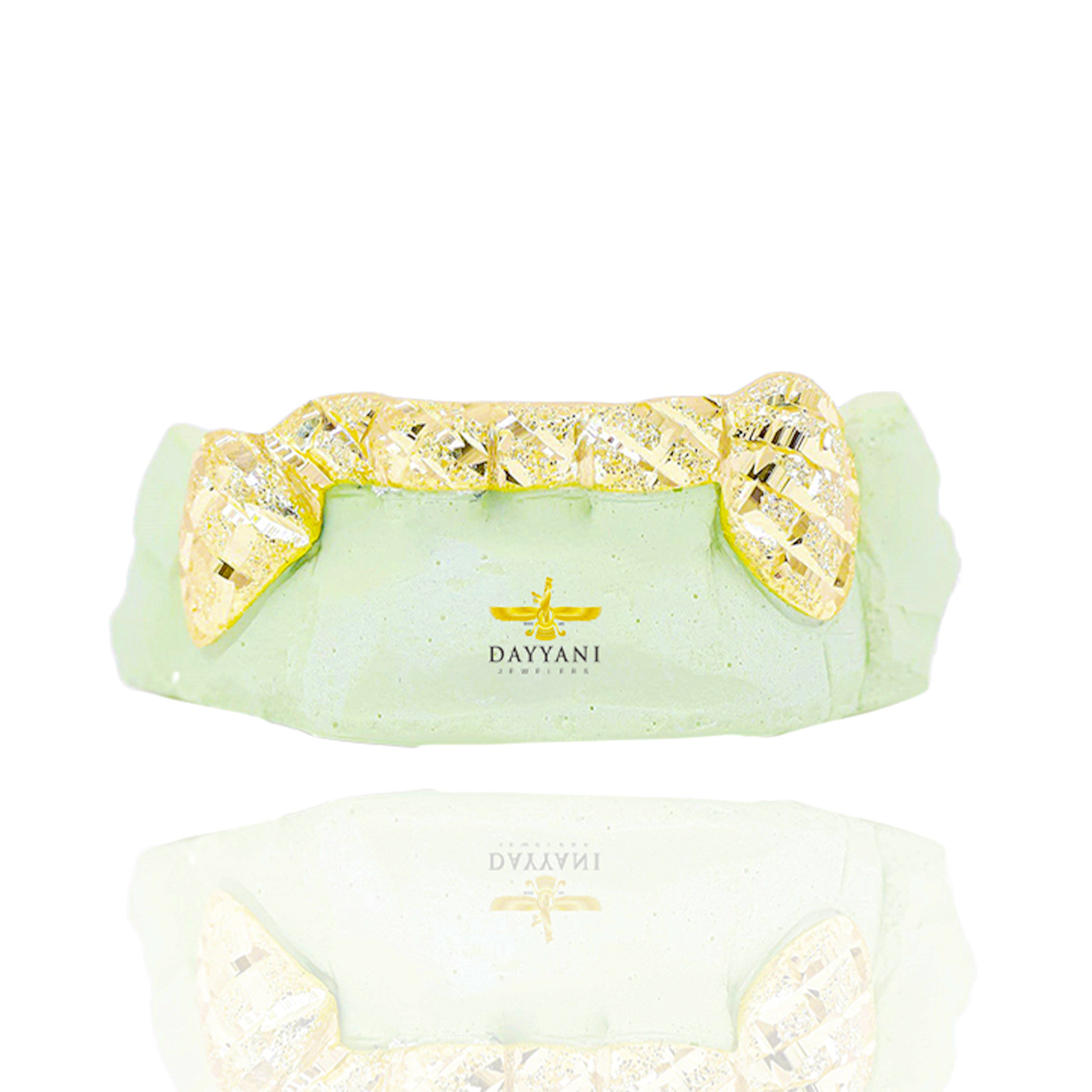 Custom 2 Teeth Diamond Cut and Diamond Dust Grillz with Front and Back Bar Gold Grillz