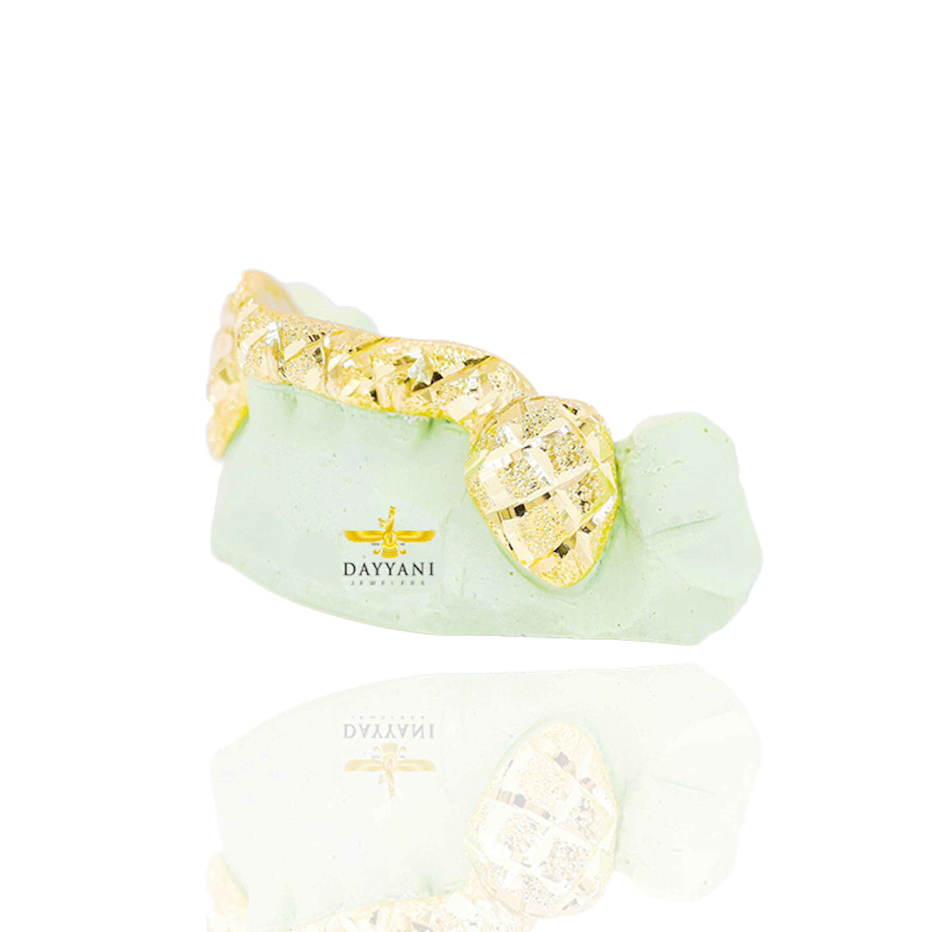 Custom 2 Teeth Diamond Cut and Diamond Dust Grillz with Front and Back Bar Gold Grillz