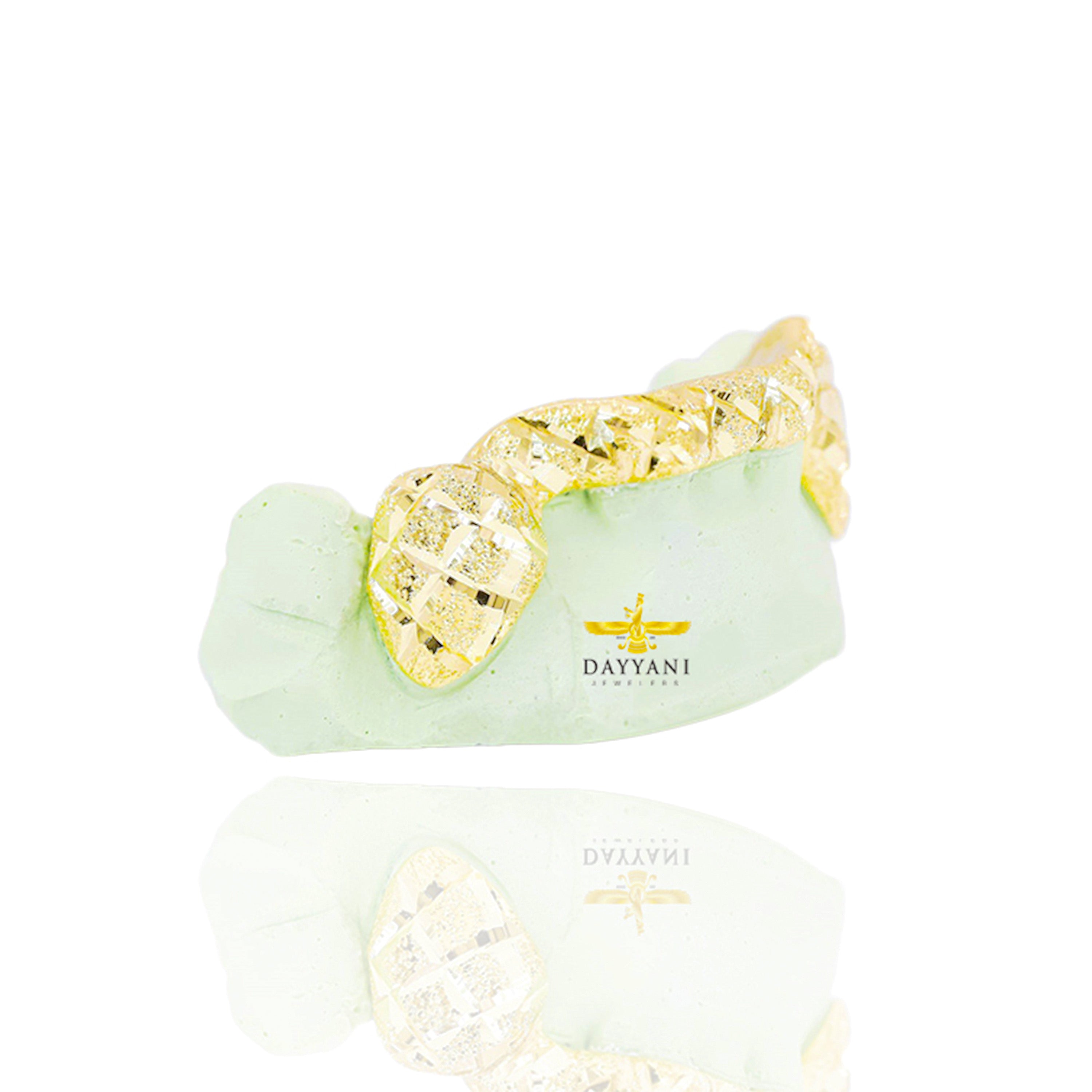 Custom 2 Teeth Diamond Cut and Diamond Dust Grillz with Front and Back Bar Gold Grillz