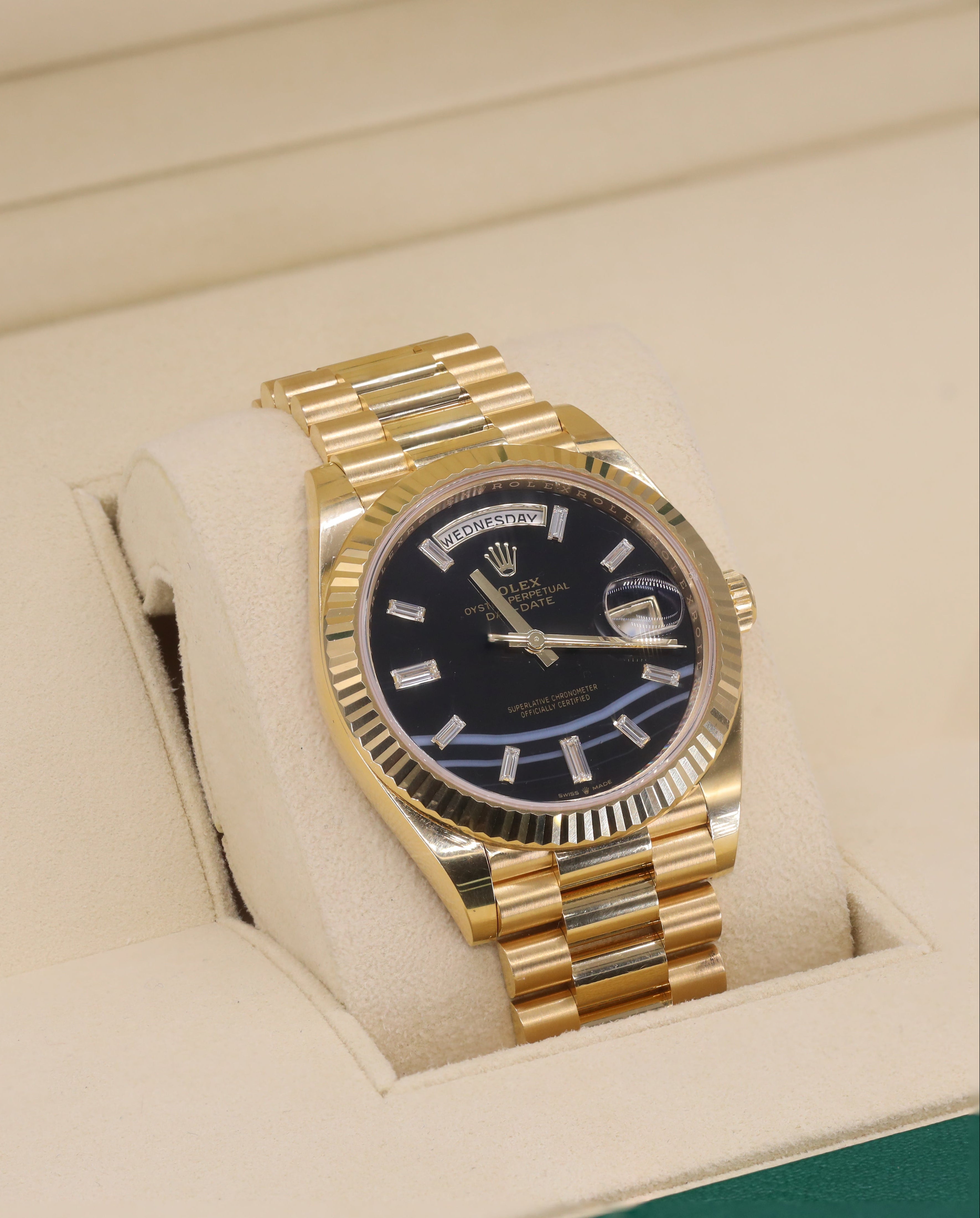 Rolex 228238 Day-Date 40mm Black Onyx Baguette Triple Wave Diamond Dial Yellow Gold