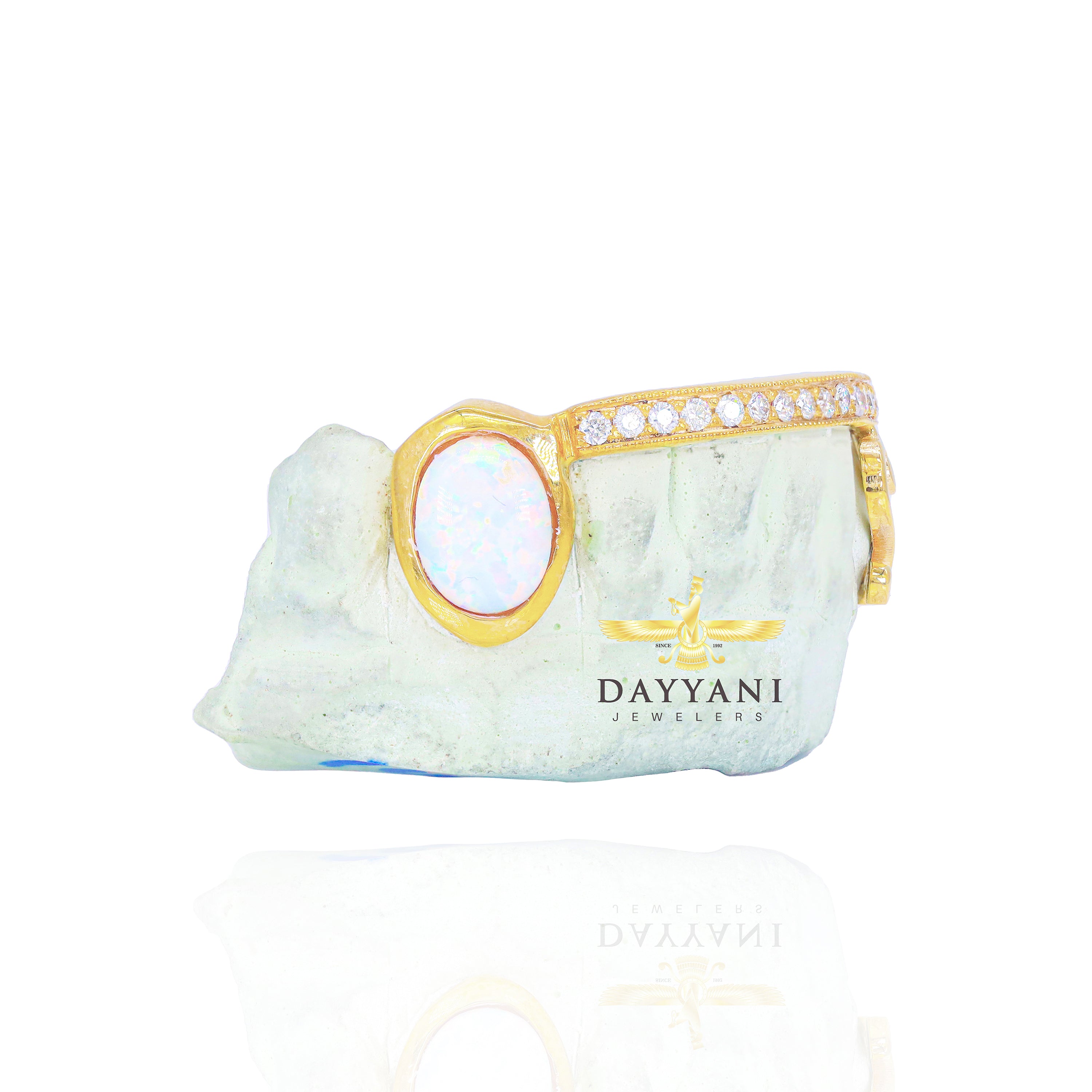 Custom One Row Diamond Bar with Opal & Heart Fang Gold Grillz