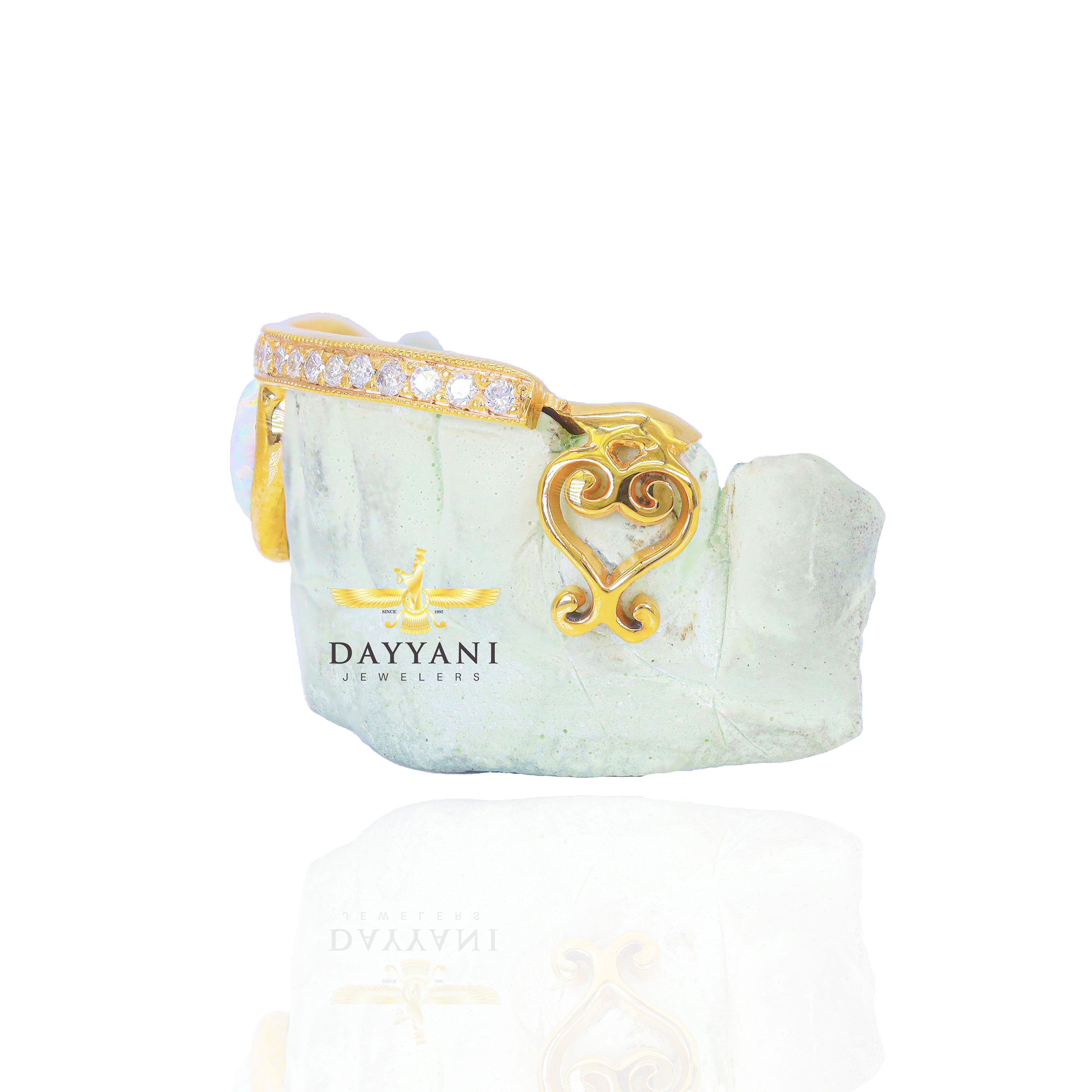 Custom One Row Diamond Bar with Opal & Heart Fang Gold Grillz