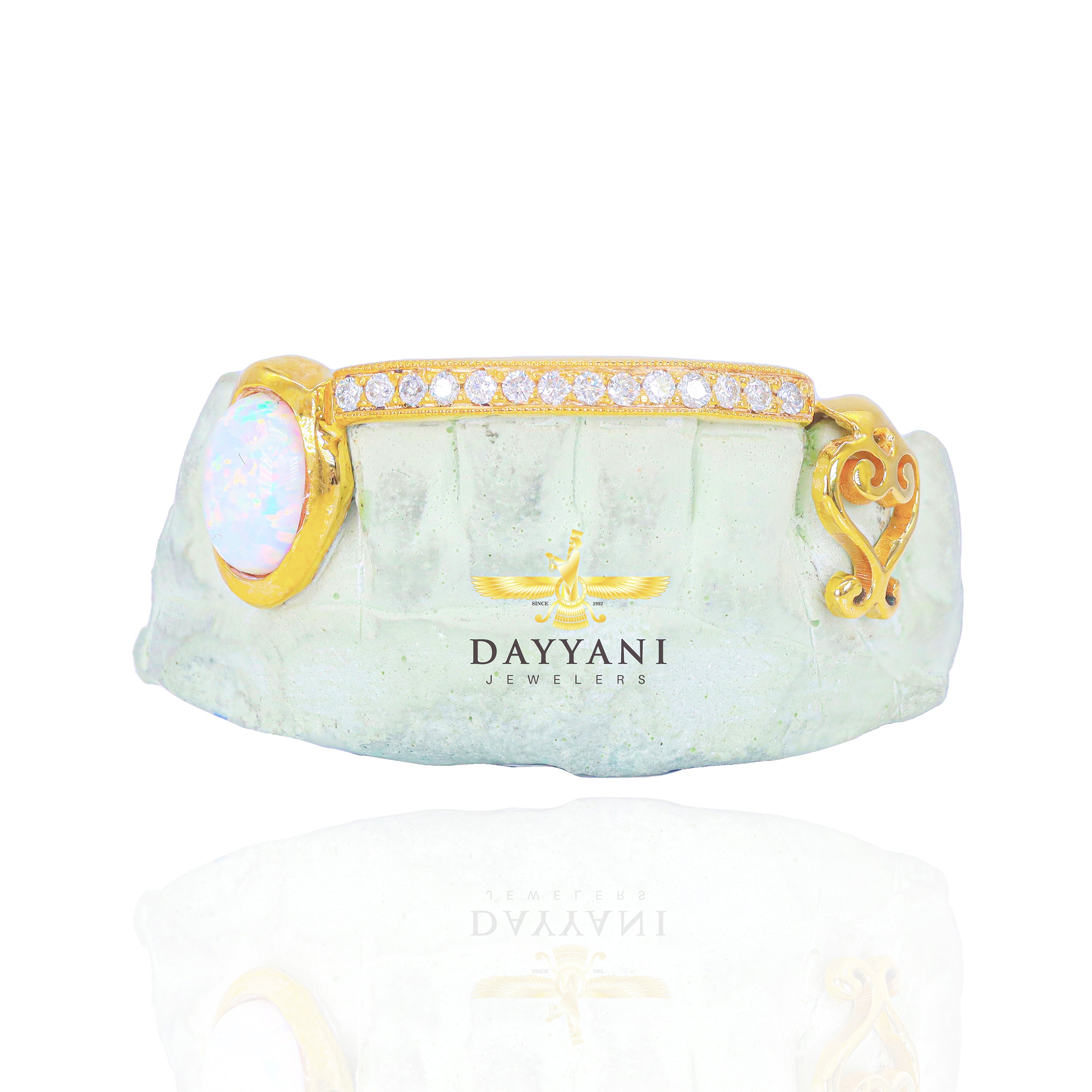 Custom One Row Diamond Bar with Opal & Heart Fang Gold Grillz