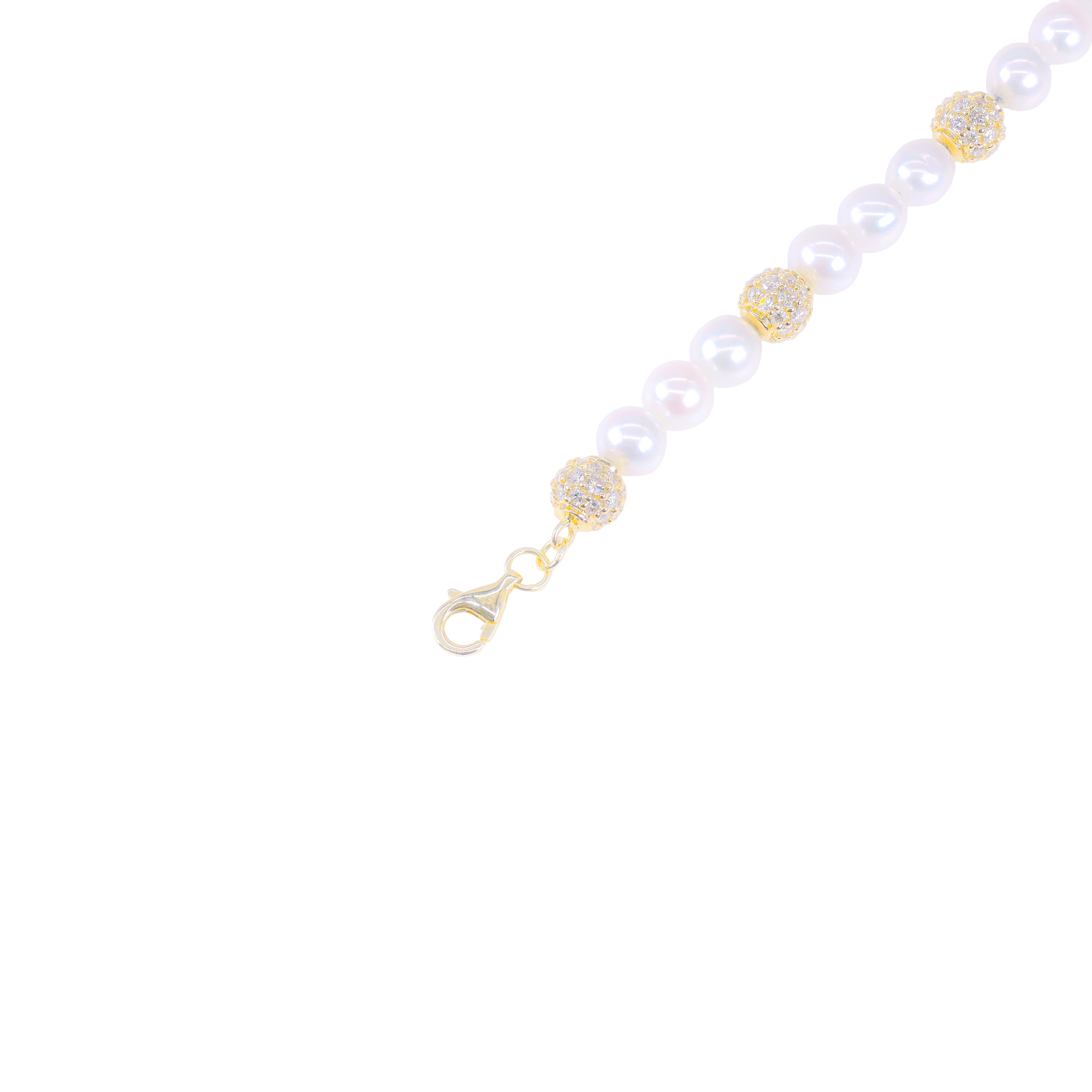 Pearl Bracelet with Diamond Ball Links Bracelet