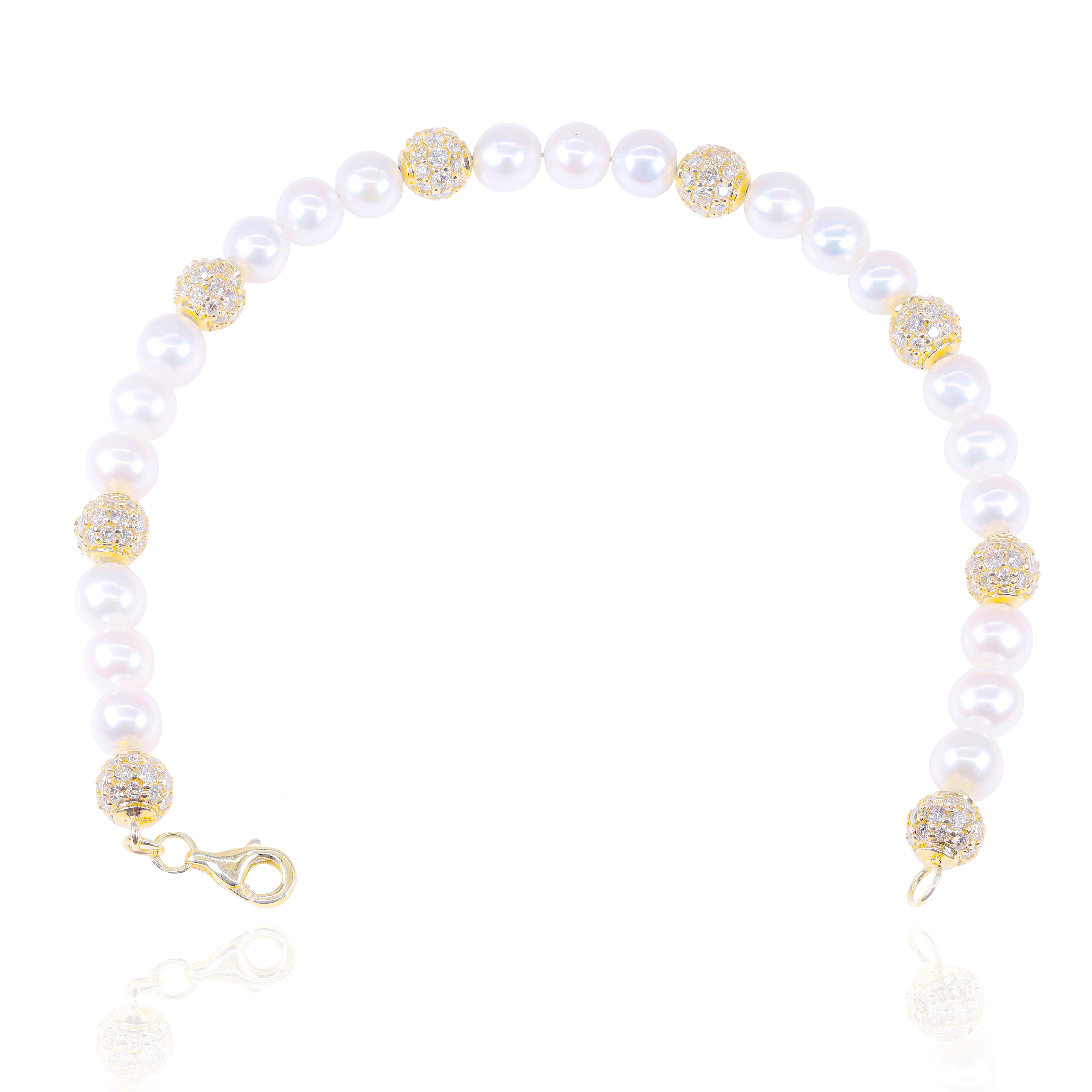 Pearl Bracelet with Diamond Ball Links Bracelet