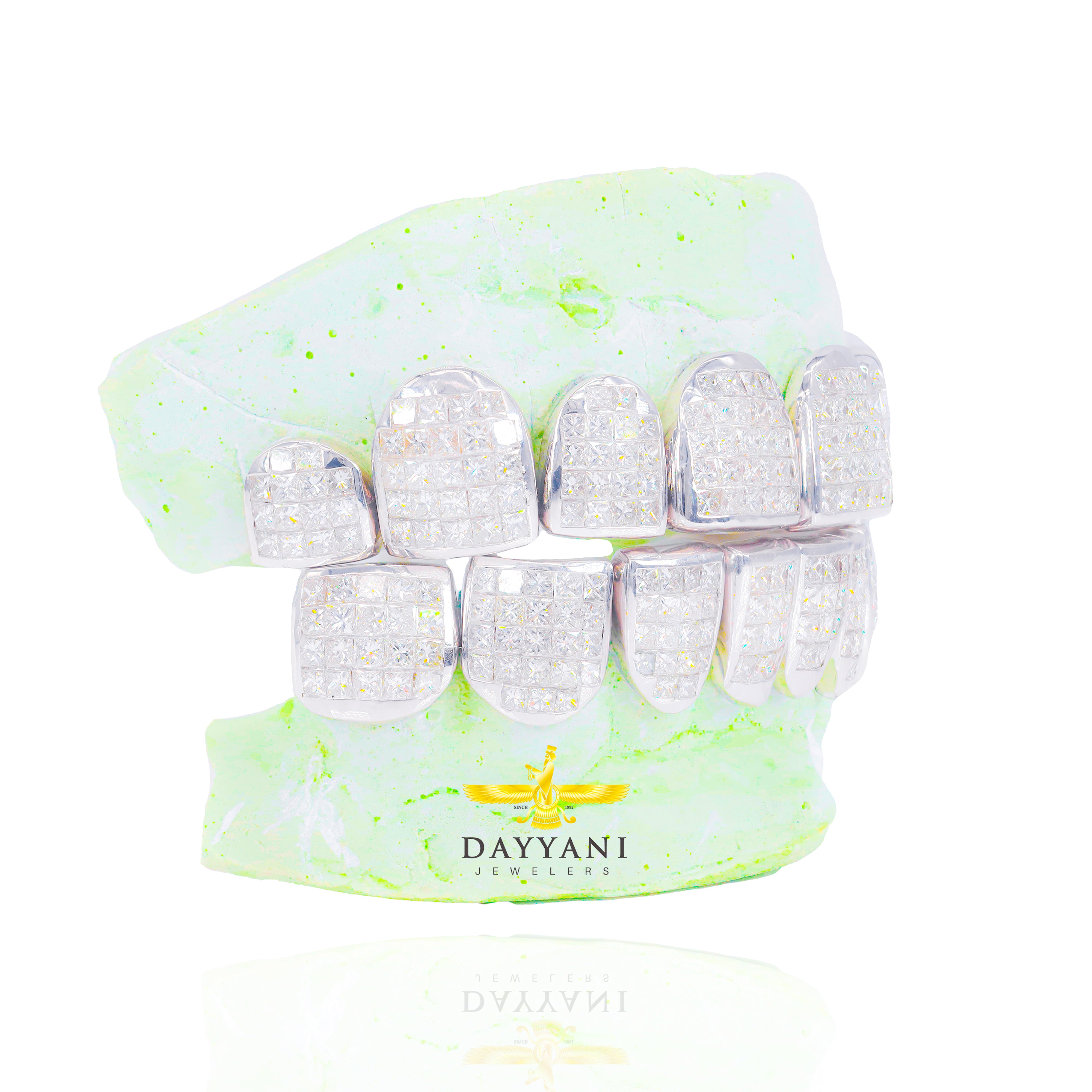 Custom VS Diamond Grillz Hand Set Natural Princess Cut Diamond Gold Grillz (Invisible Setting)