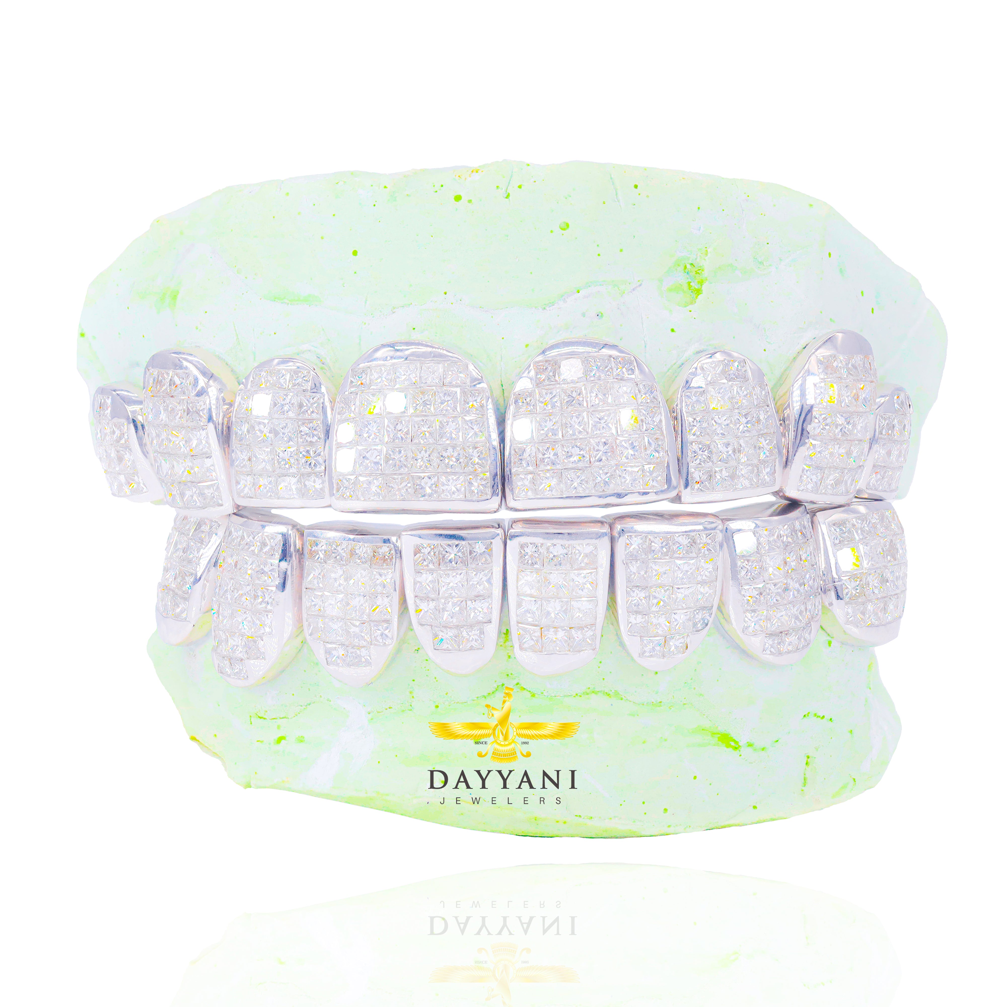 Custom VS Diamond Grillz Hand Set Natural Princess Cut Diamond Gold Grillz (Invisible Setting)