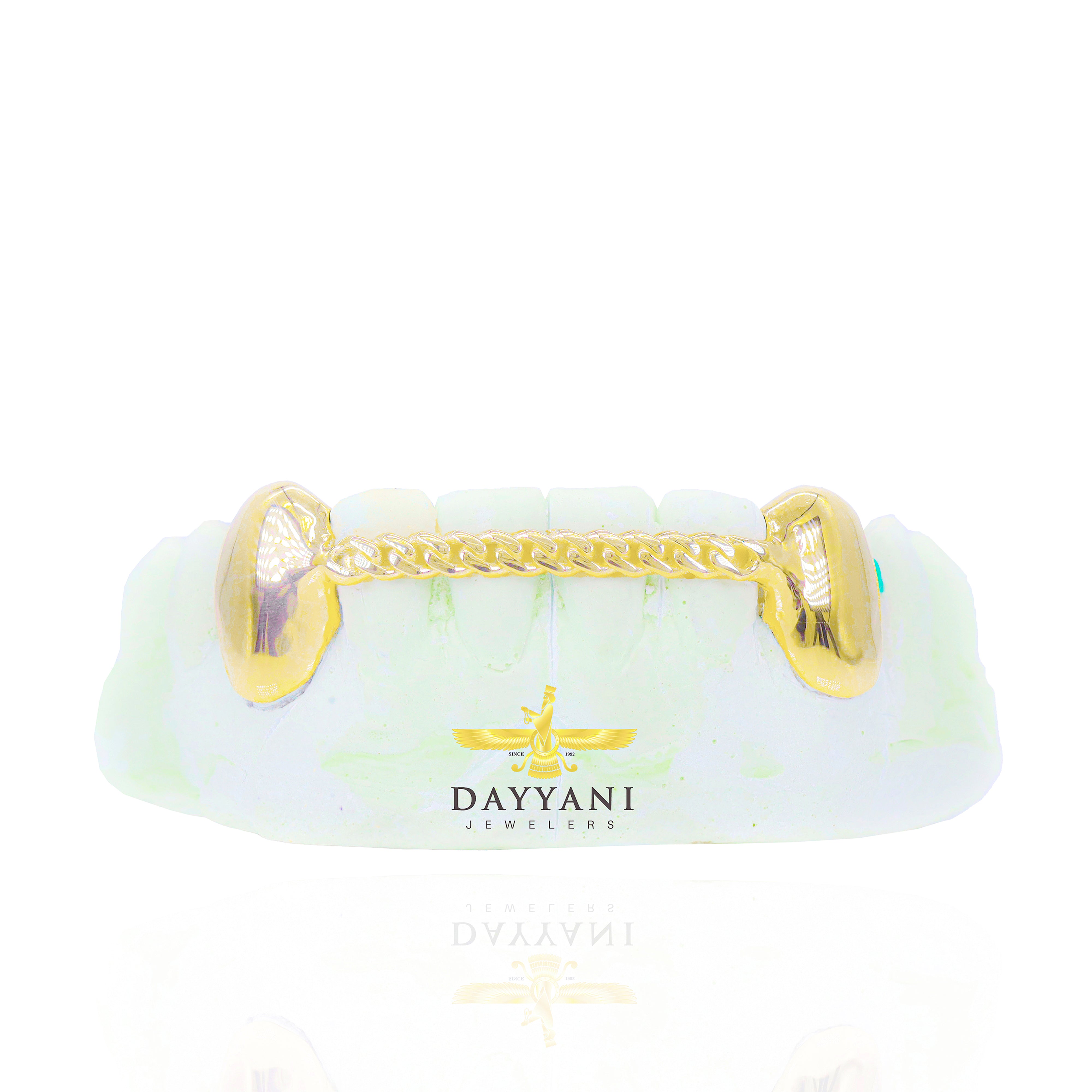 Custom 2 Teeth Fangs with Cuban Link Front Bar Gold Grillz