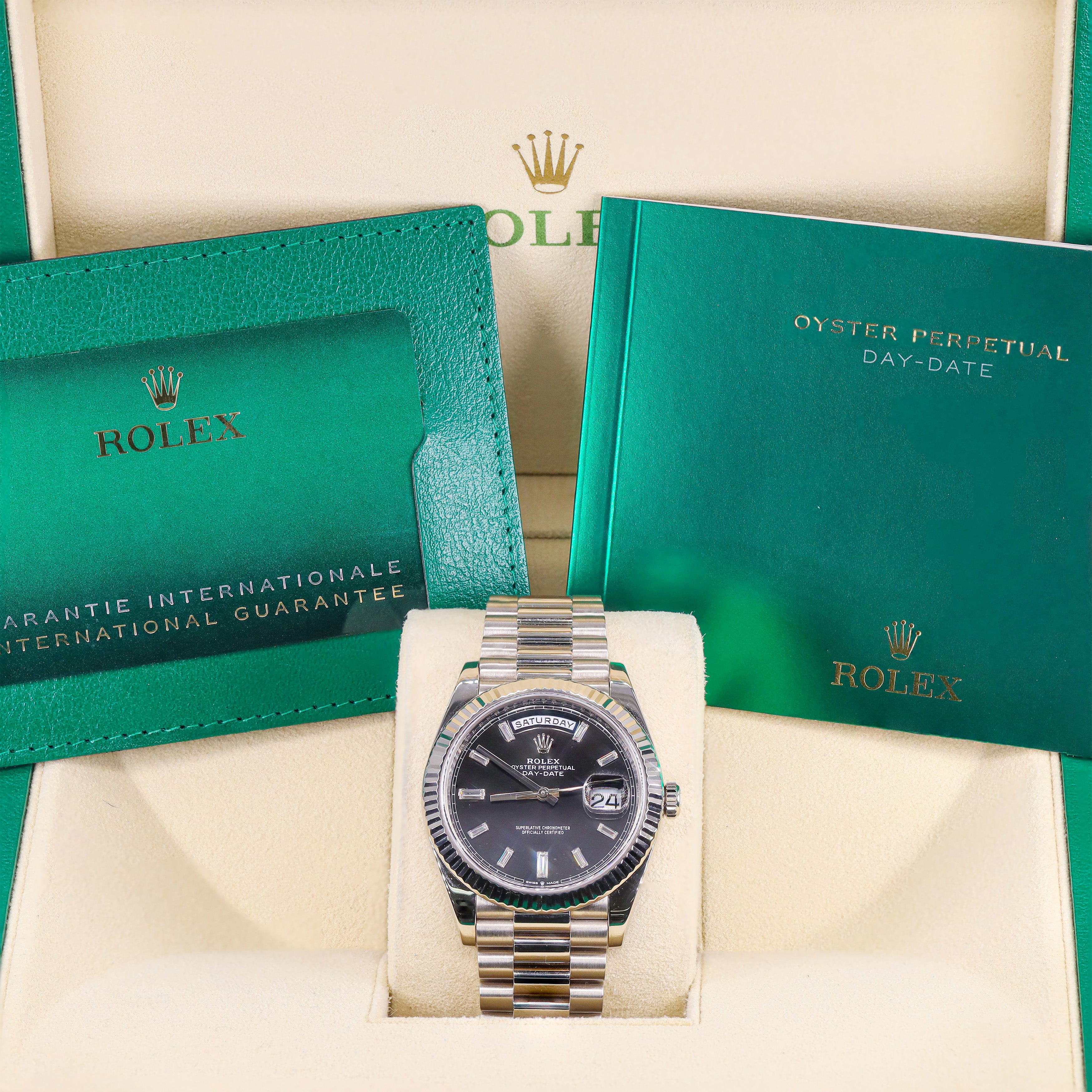 Rolex 228239 Day-Date 40mm White Gold Bright Black Baguette Diamond Dial