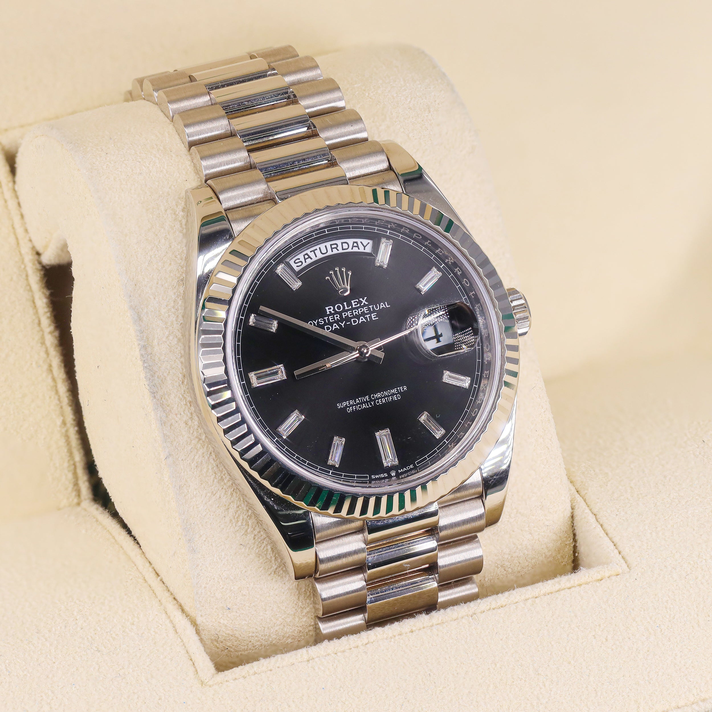 Rolex 228239 Day-Date 40mm White Gold Bright Black Baguette Diamond Dial