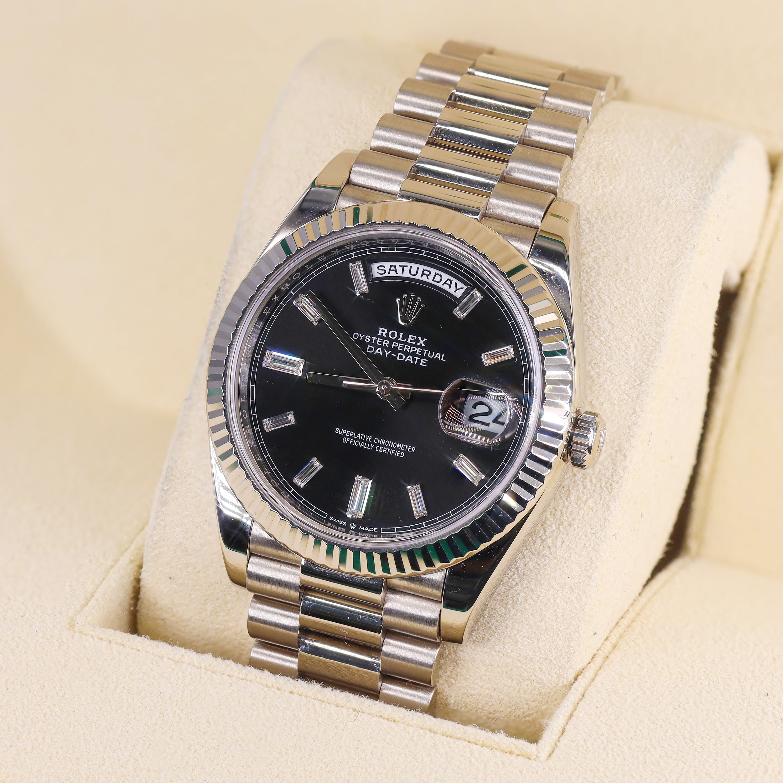 Rolex 228239 Day-Date 40mm White Gold Bright Black Baguette Diamond Dial