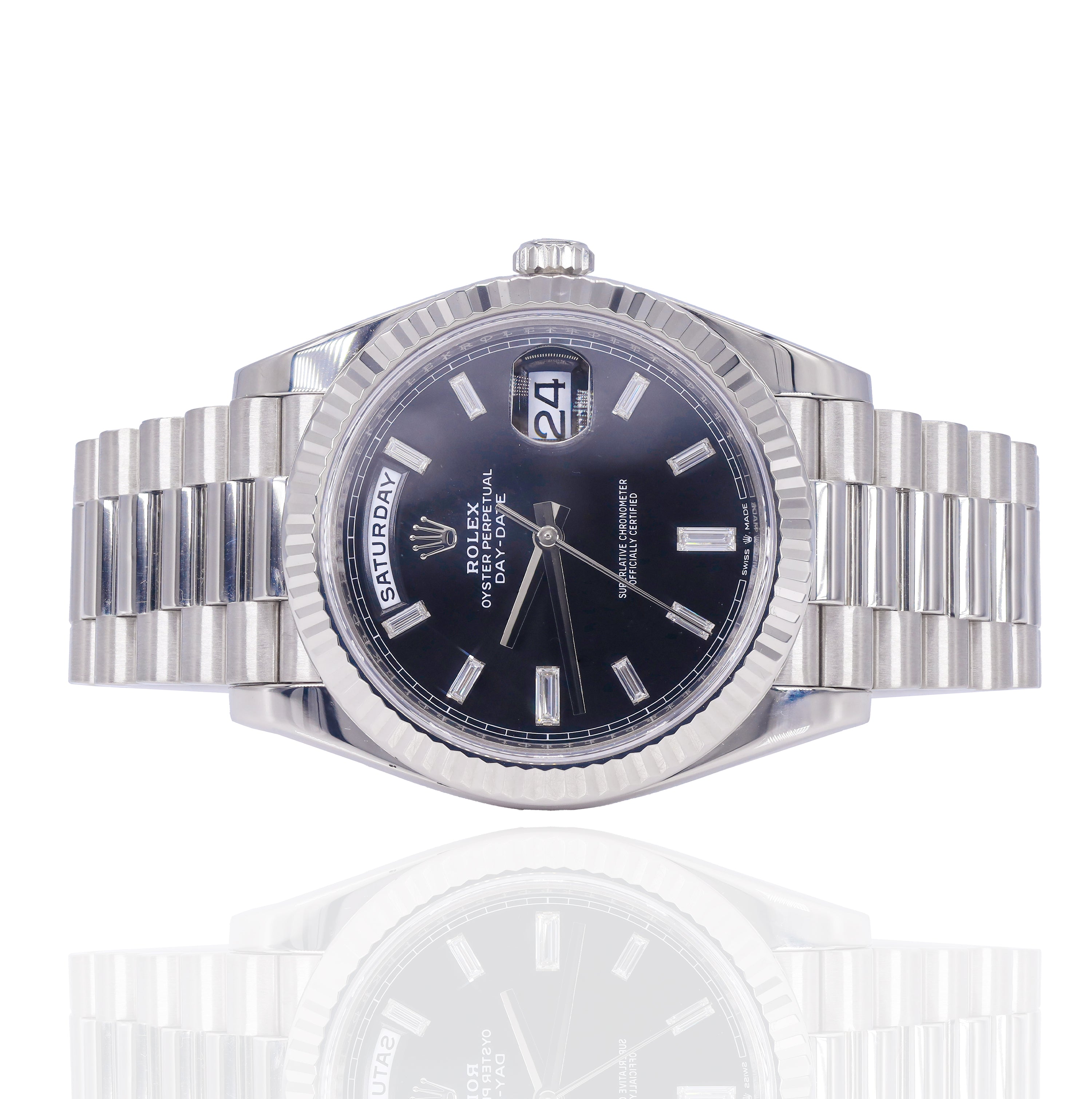Rolex 228239 Day-Date 40mm White Gold Bright Black Baguette Diamond Dial