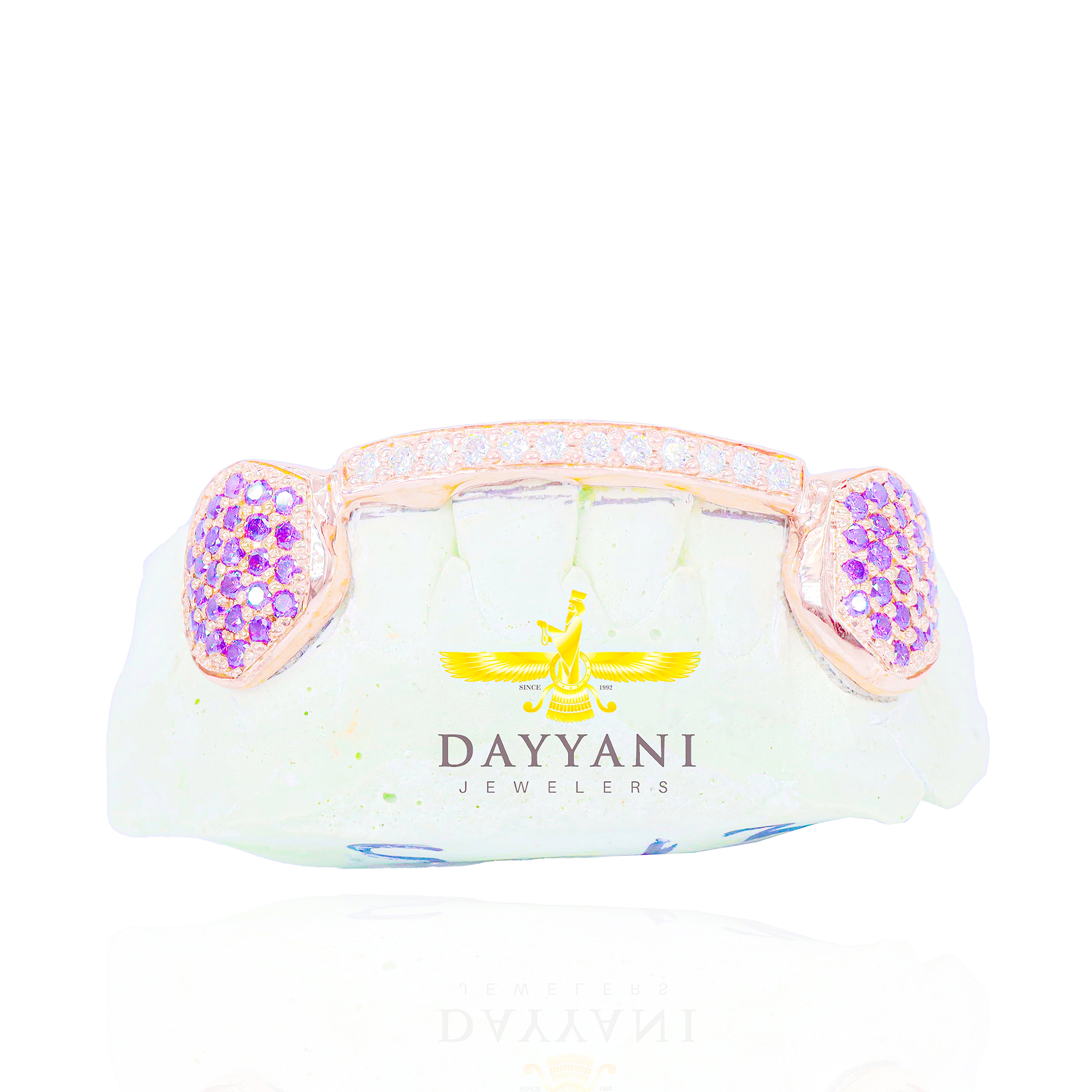 Custom One Row Diamond Bar w/ Colored Gemstone Fangs Gold Grillz