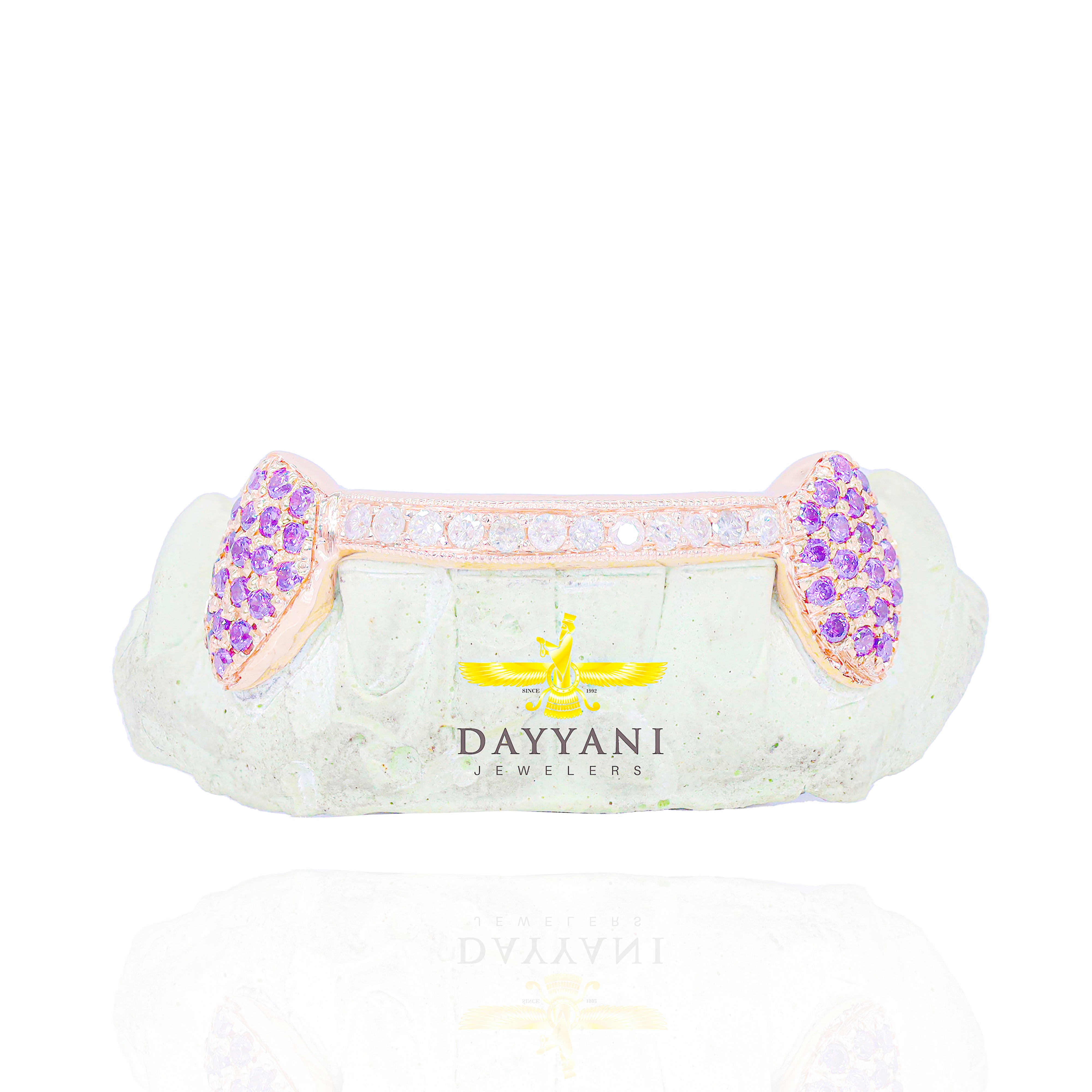 Custom One Row Diamond Bar w/ Colored Gemstone Fangs Gold Grillz