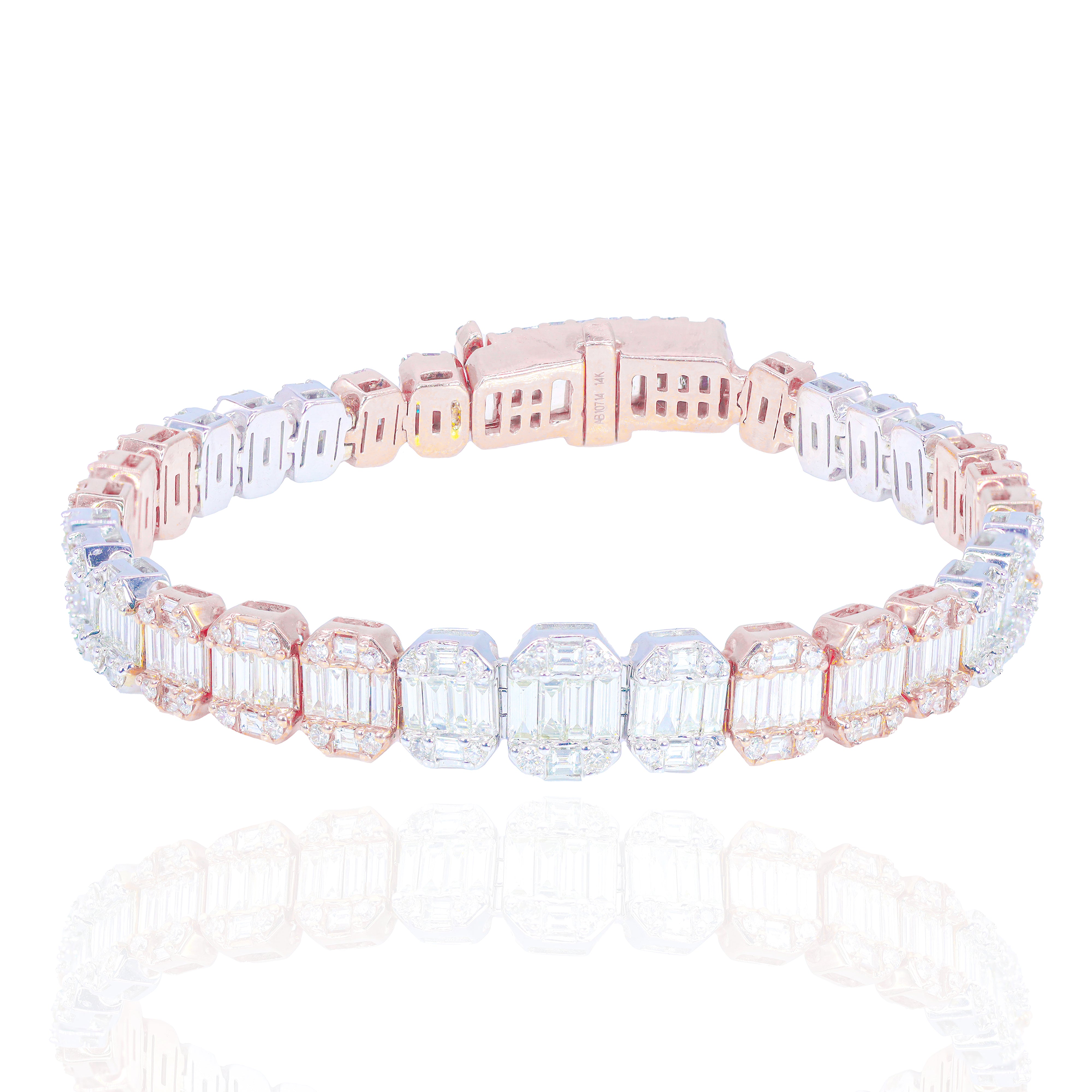 Graduating Two-Tone Baguette with Round Diamond Border Bracelet