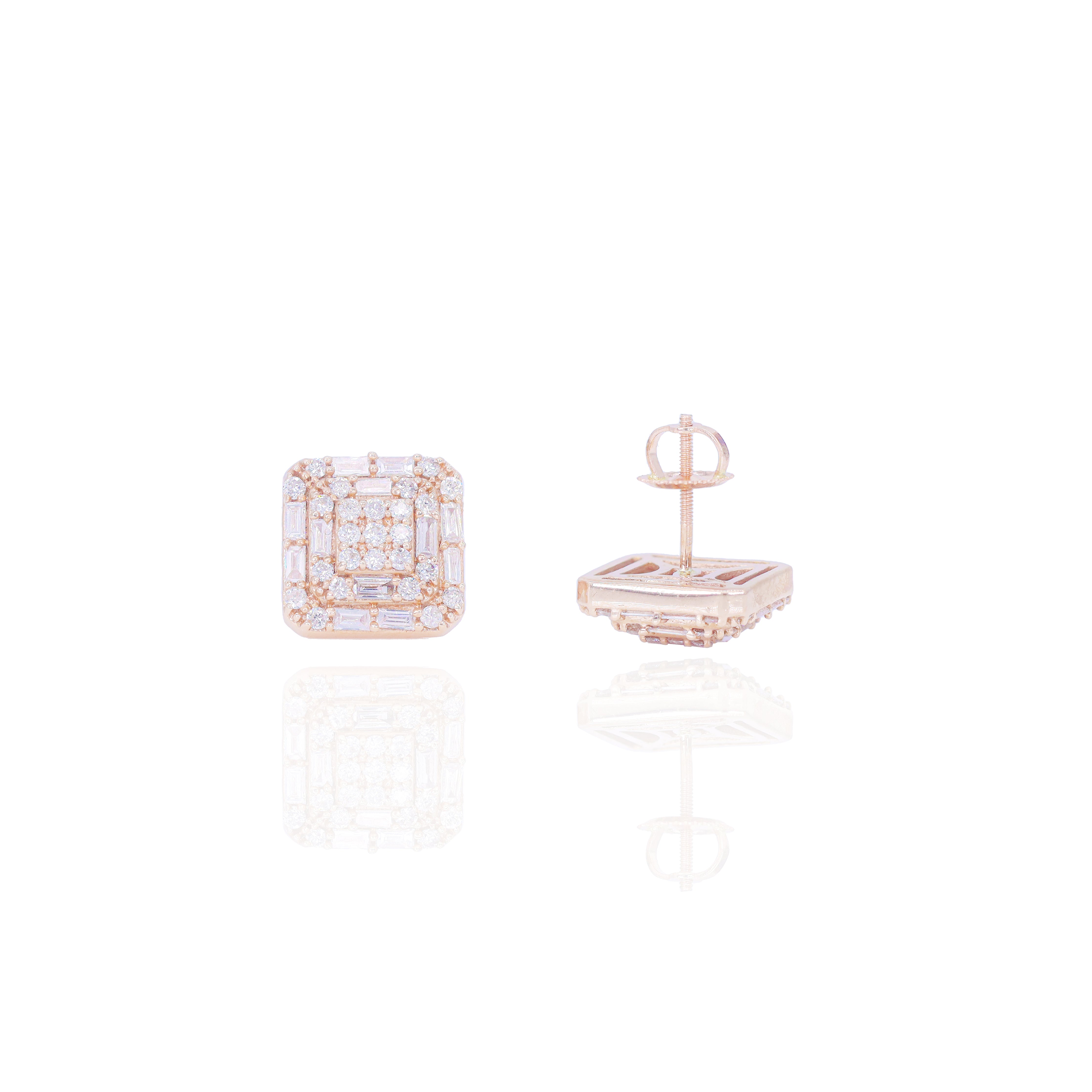 Square Shaped Round & Baguette Diamond Earrings