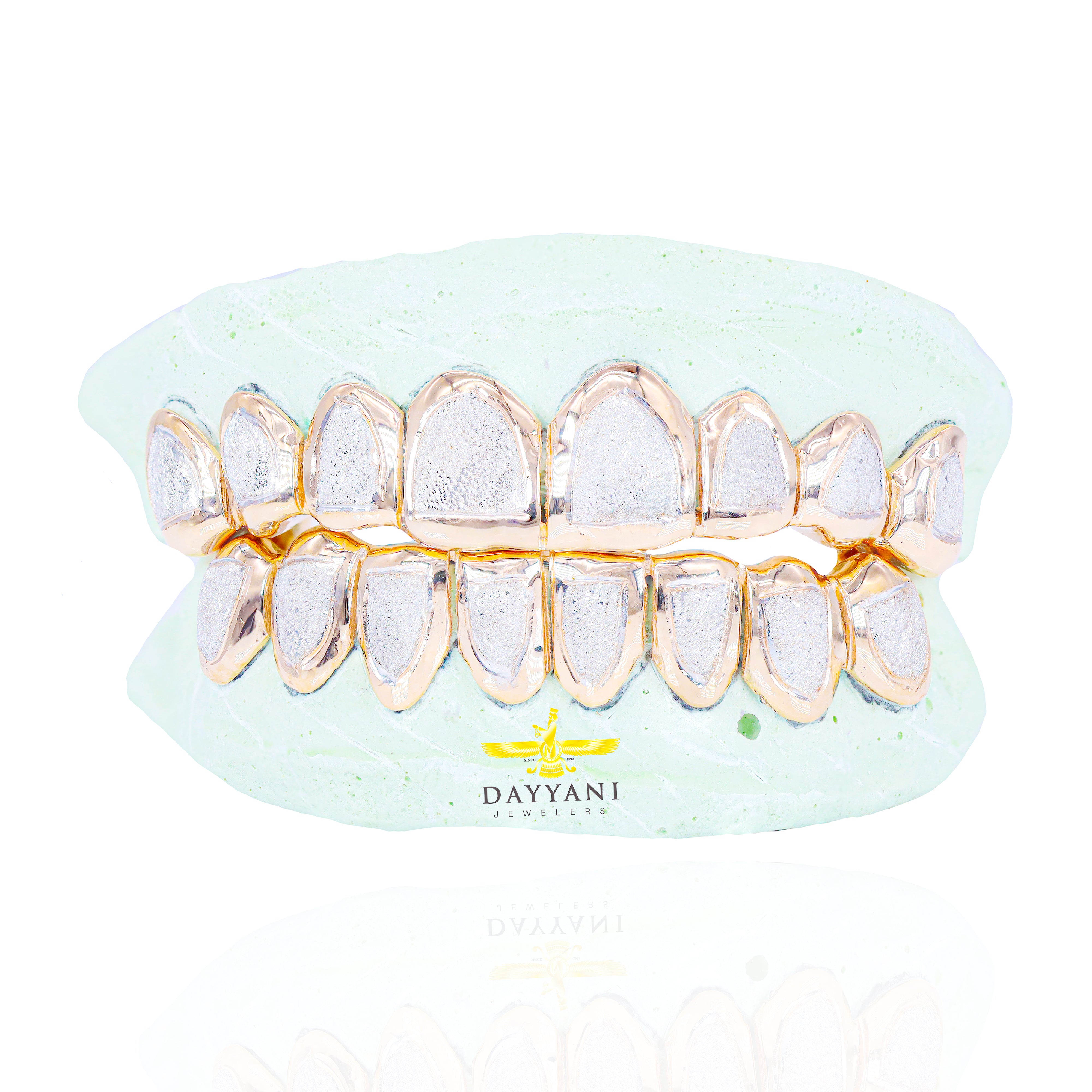 Custom Two-Tone Diamond Dust w/ Solid Trim Gold Grillz