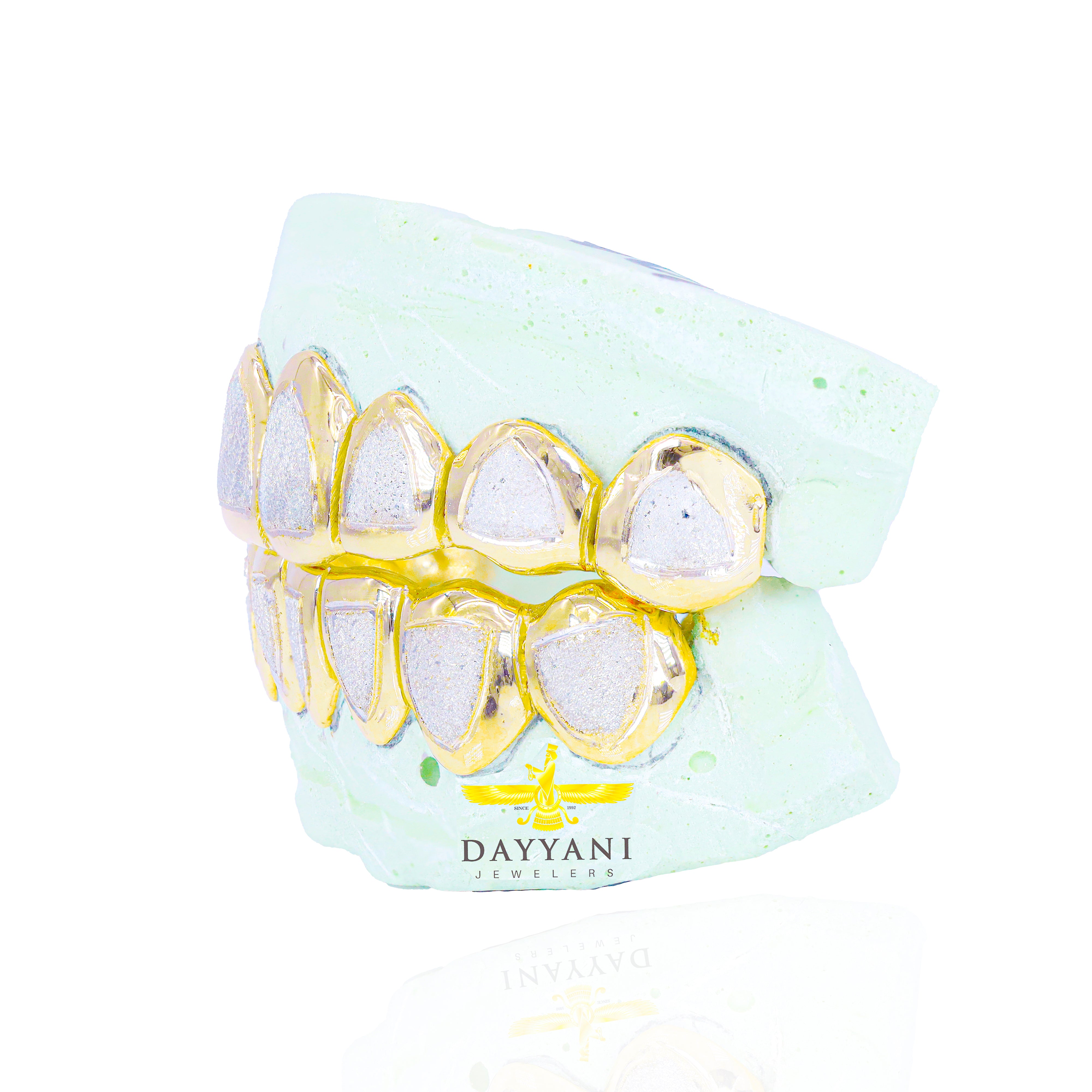 Custom Two-Tone Diamond Dust w/ Solid Trim Gold Grillz