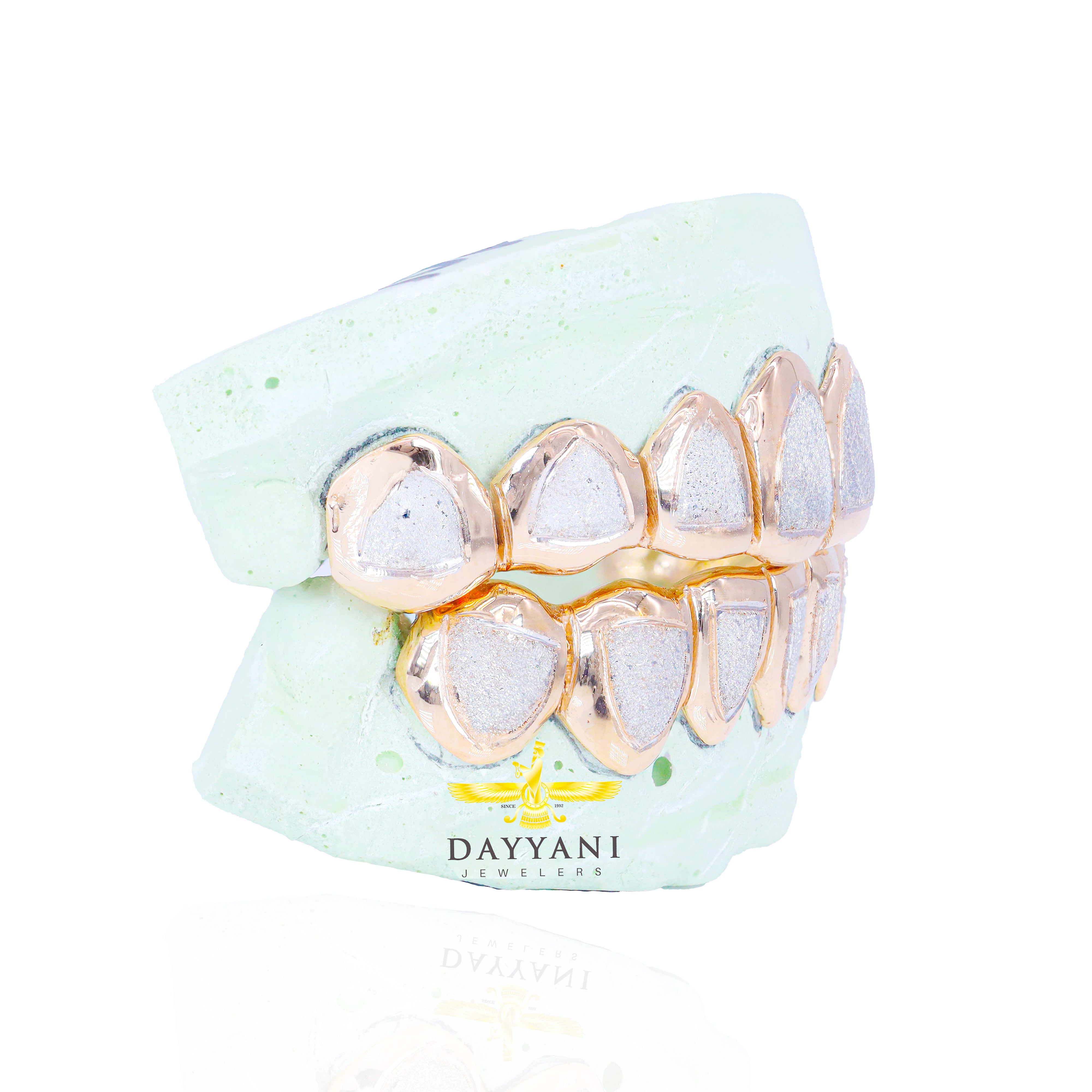 Custom Two-Tone Diamond Dust w/ Solid Trim Gold Grillz