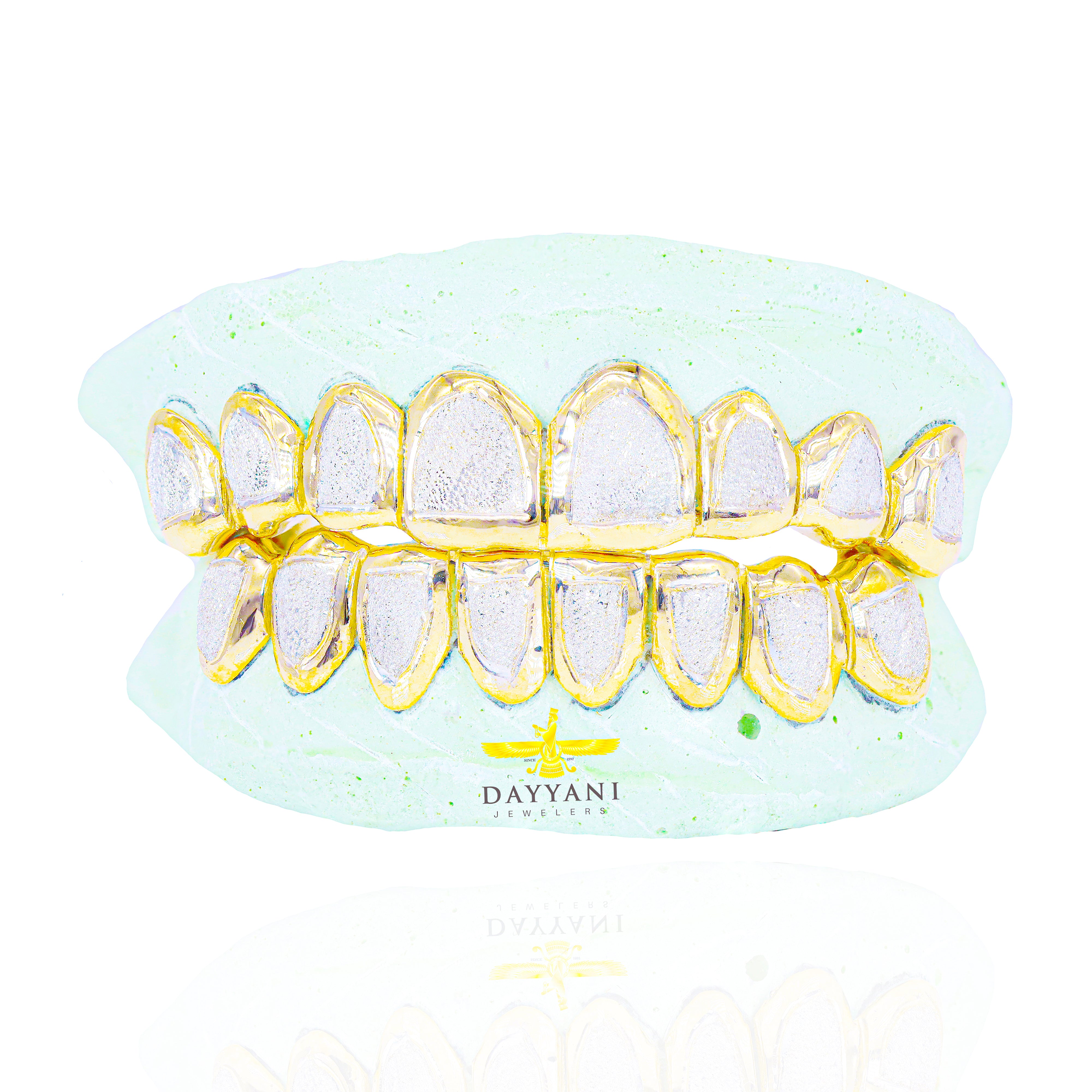 Custom Two-Tone Diamond Dust w/ Solid Trim Gold Grillz