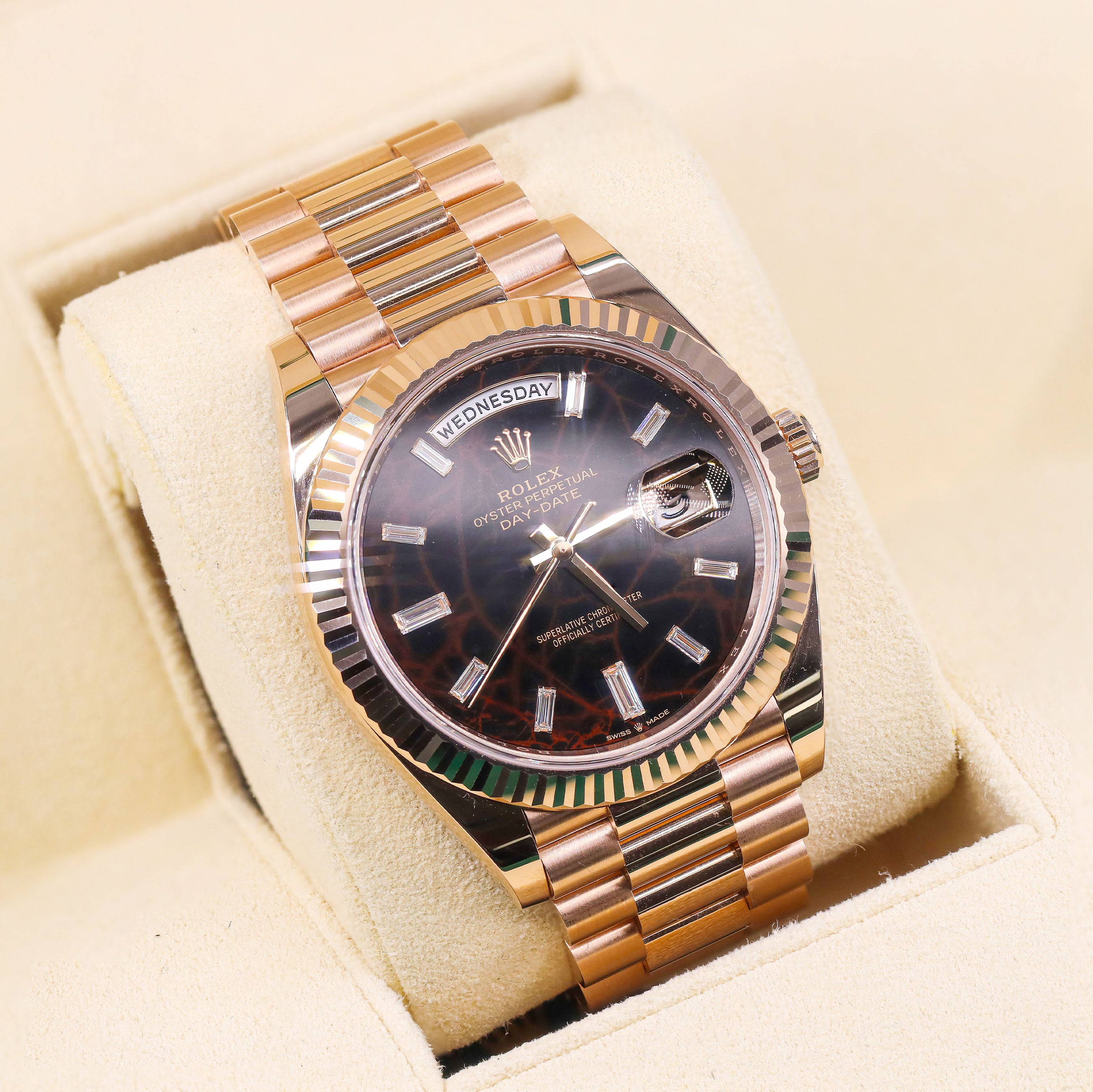 Rolex 228235 Day-Date 40mm Everose Gold Eisenkiesel Meteorite Baguette Diamond Dial
