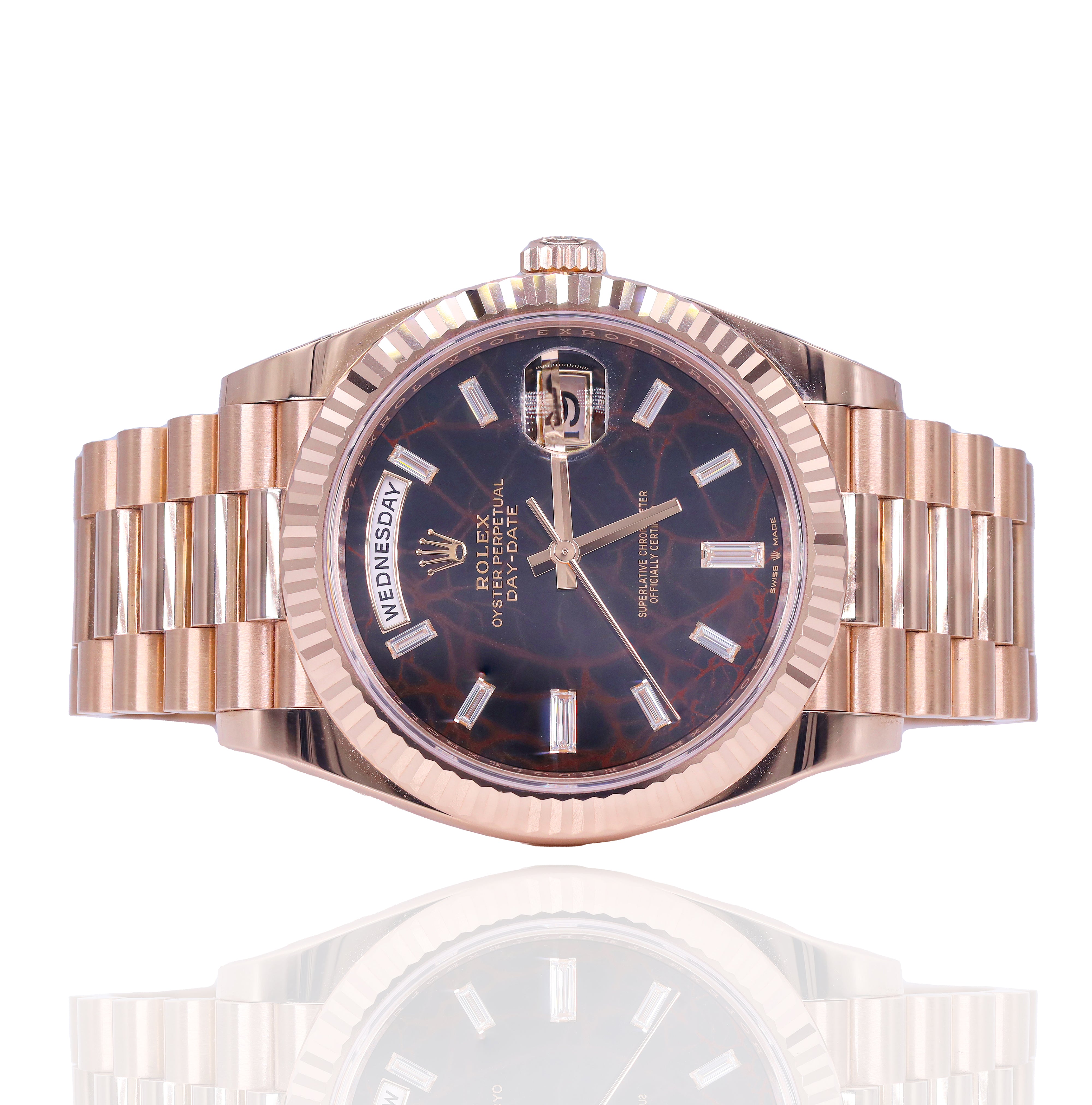 Rolex 228235 Day-Date 40mm Everose Gold Eisenkiesel Meteorite Baguette Diamond Dial