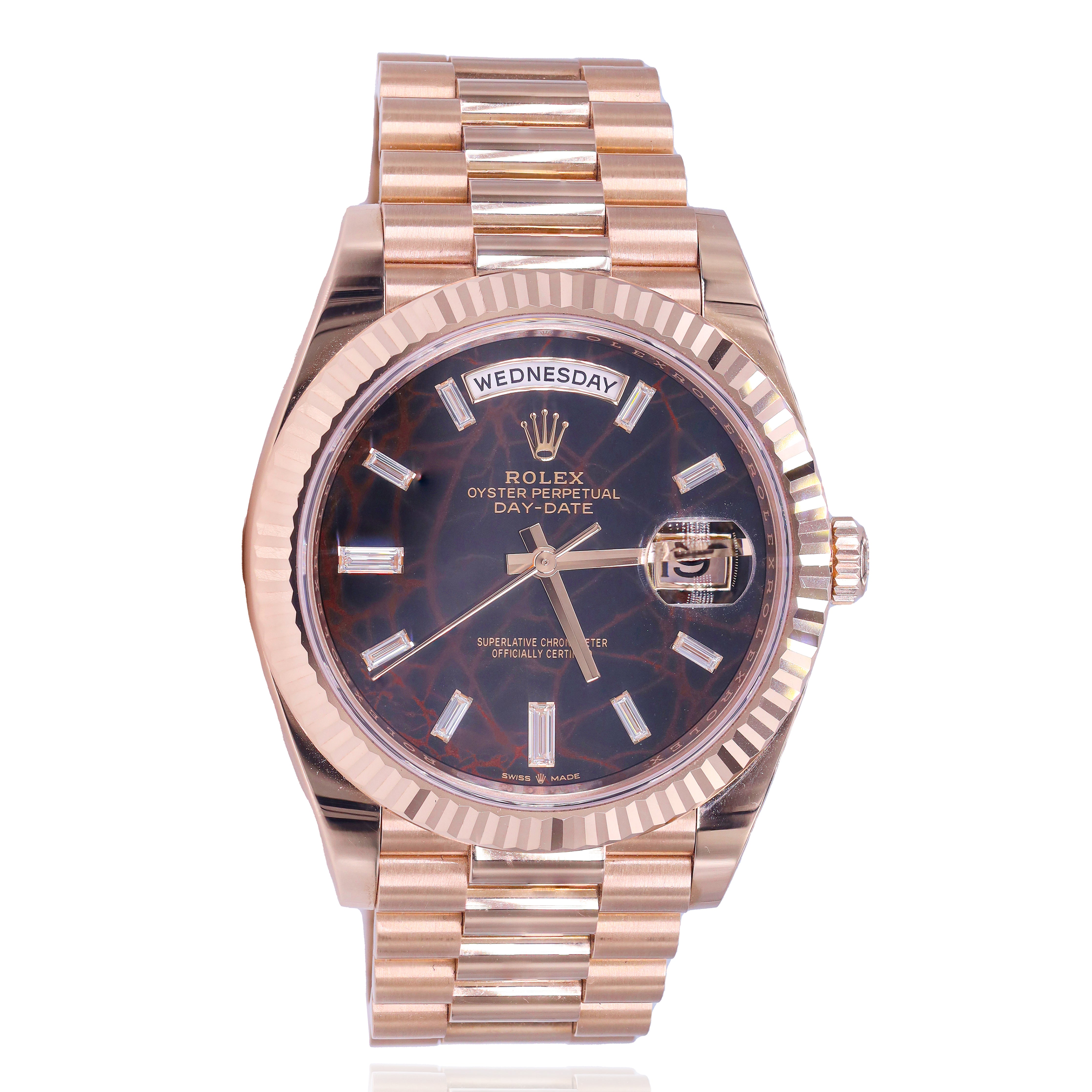 Rolex 228235 Day-Date 40mm Everose Gold Eisenkiesel Meteorite Baguette Diamond Dial