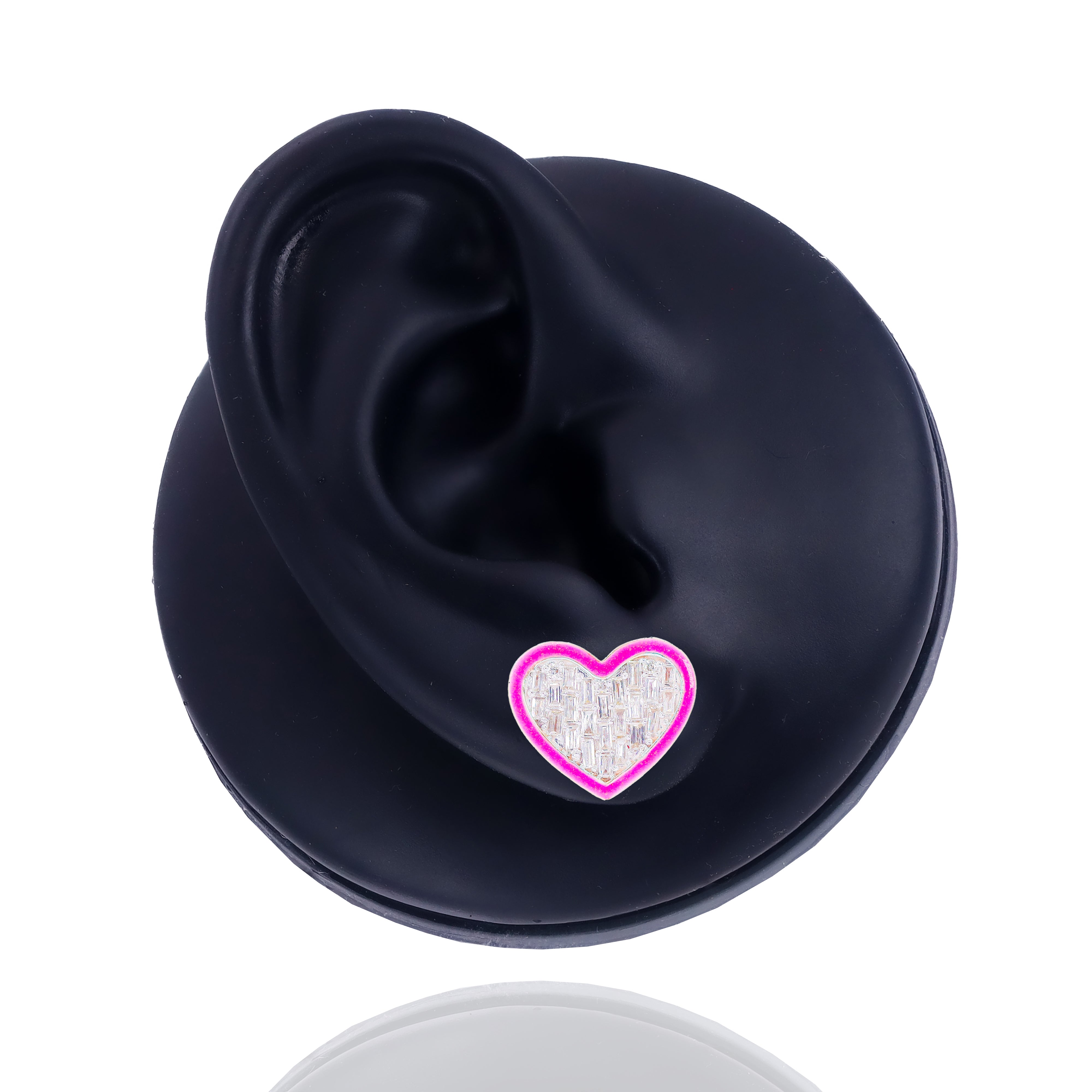 Baguette Diamond Heart Earrings w/ Pink Enamel Border