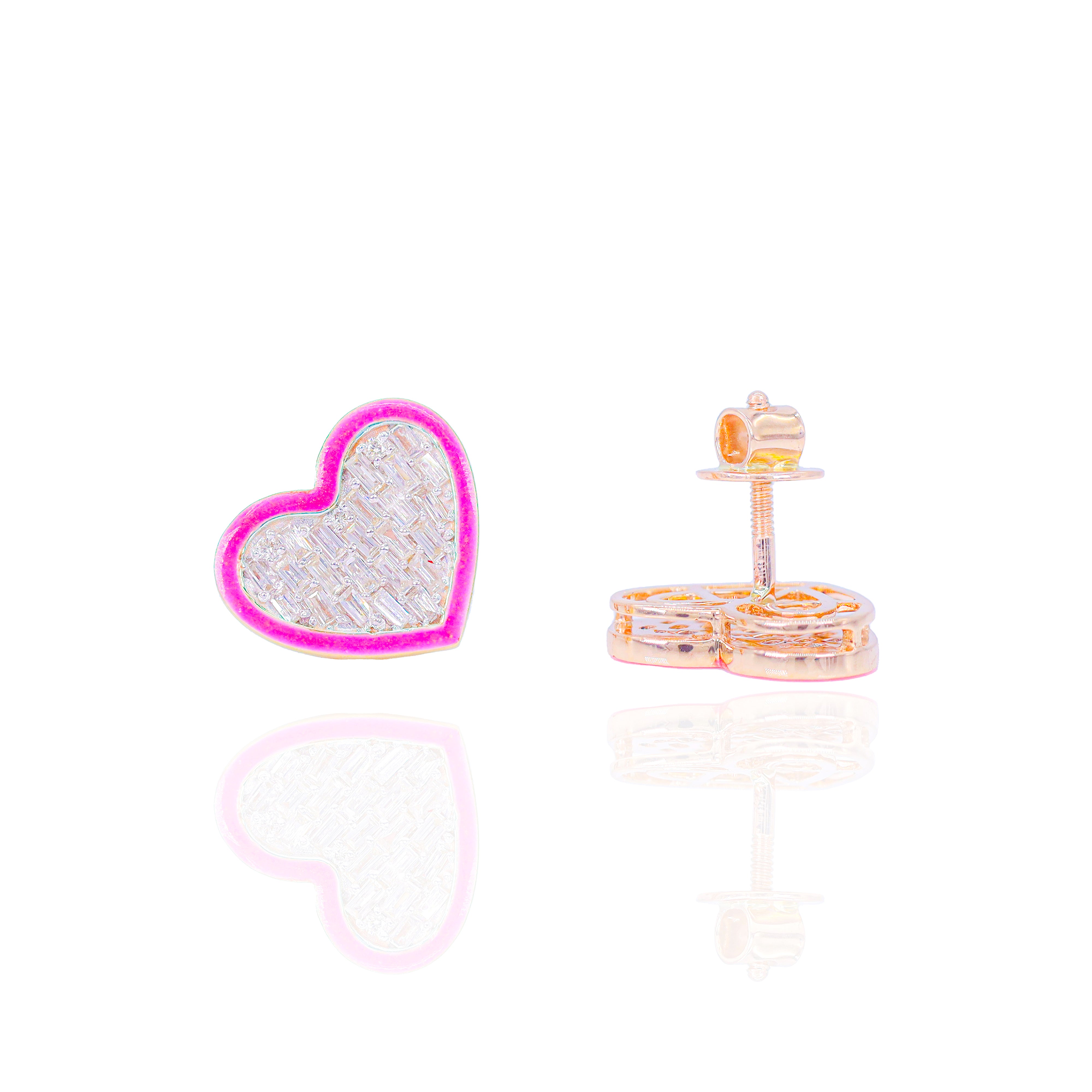 Baguette Diamond Heart Earrings w/ Pink Enamel Border