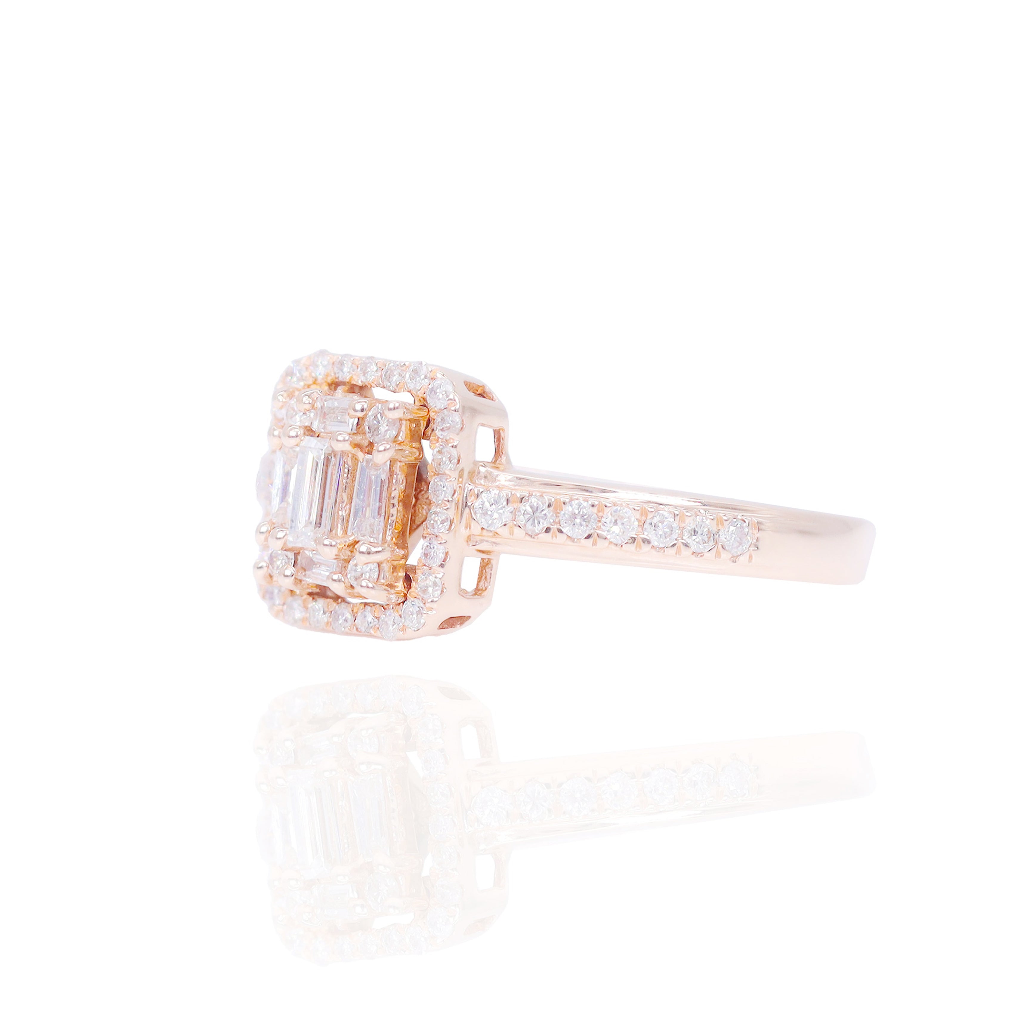 Emerald Shape Diamond Engagement Ring w/ Baguettes and Halo