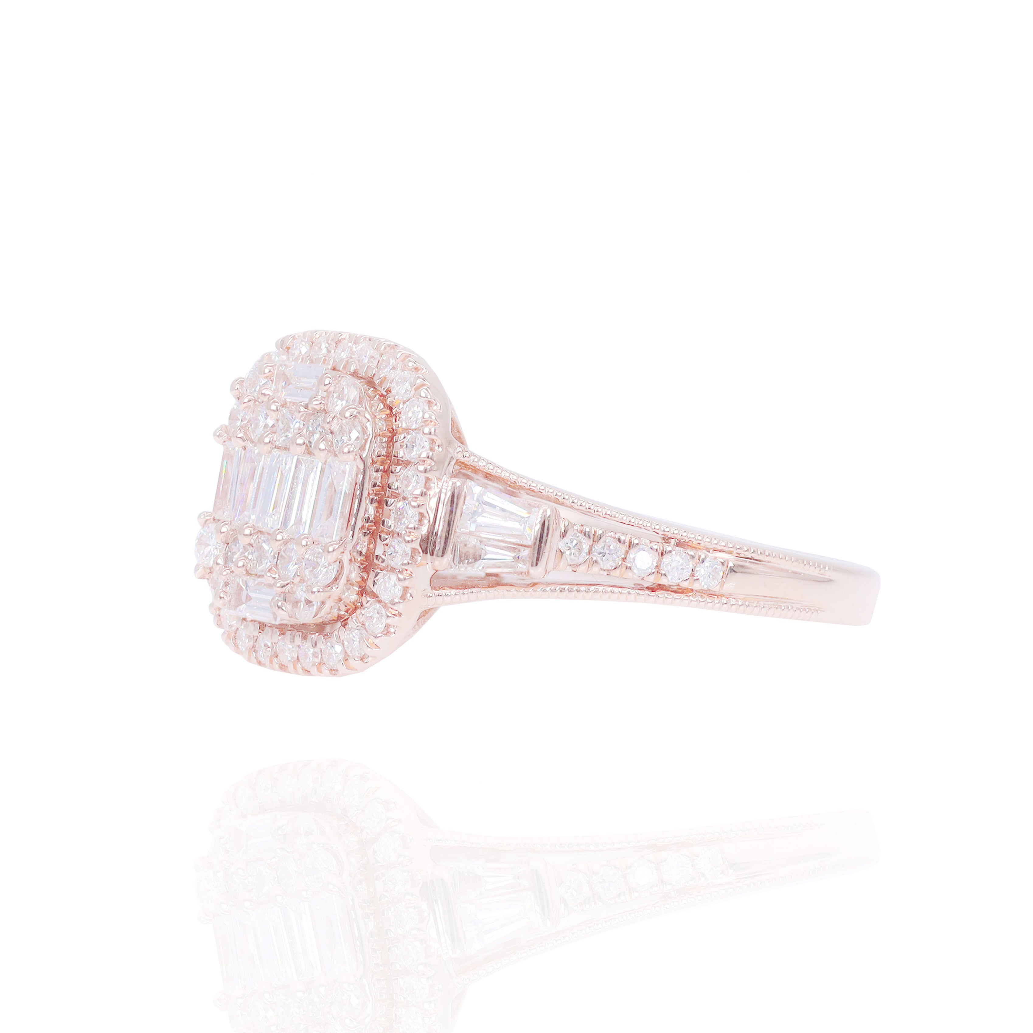 Radiant Shape Diamond Engagement Ring with Side Baguettes & Halo