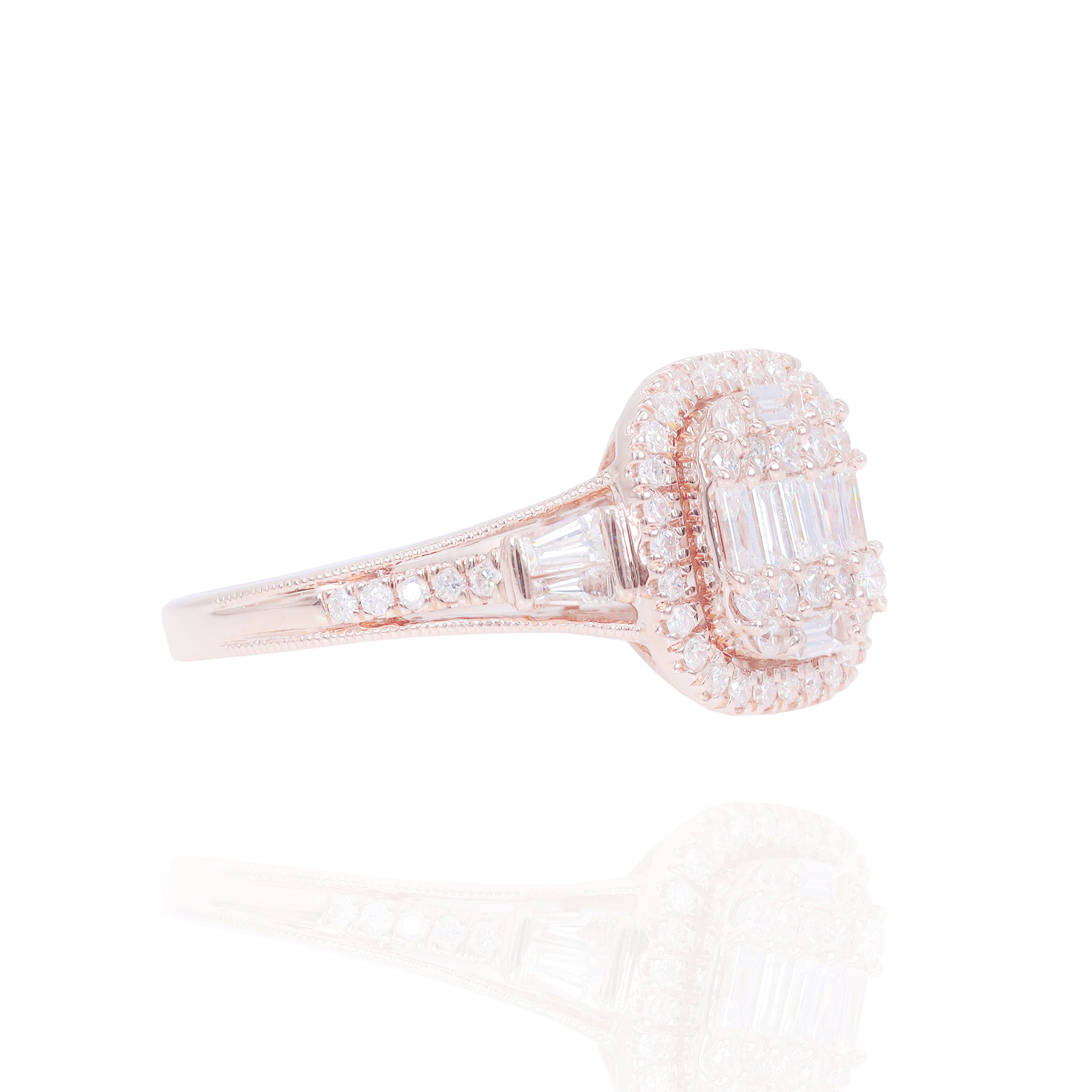 Radiant Shape Diamond Engagement Ring with Side Baguettes & Halo