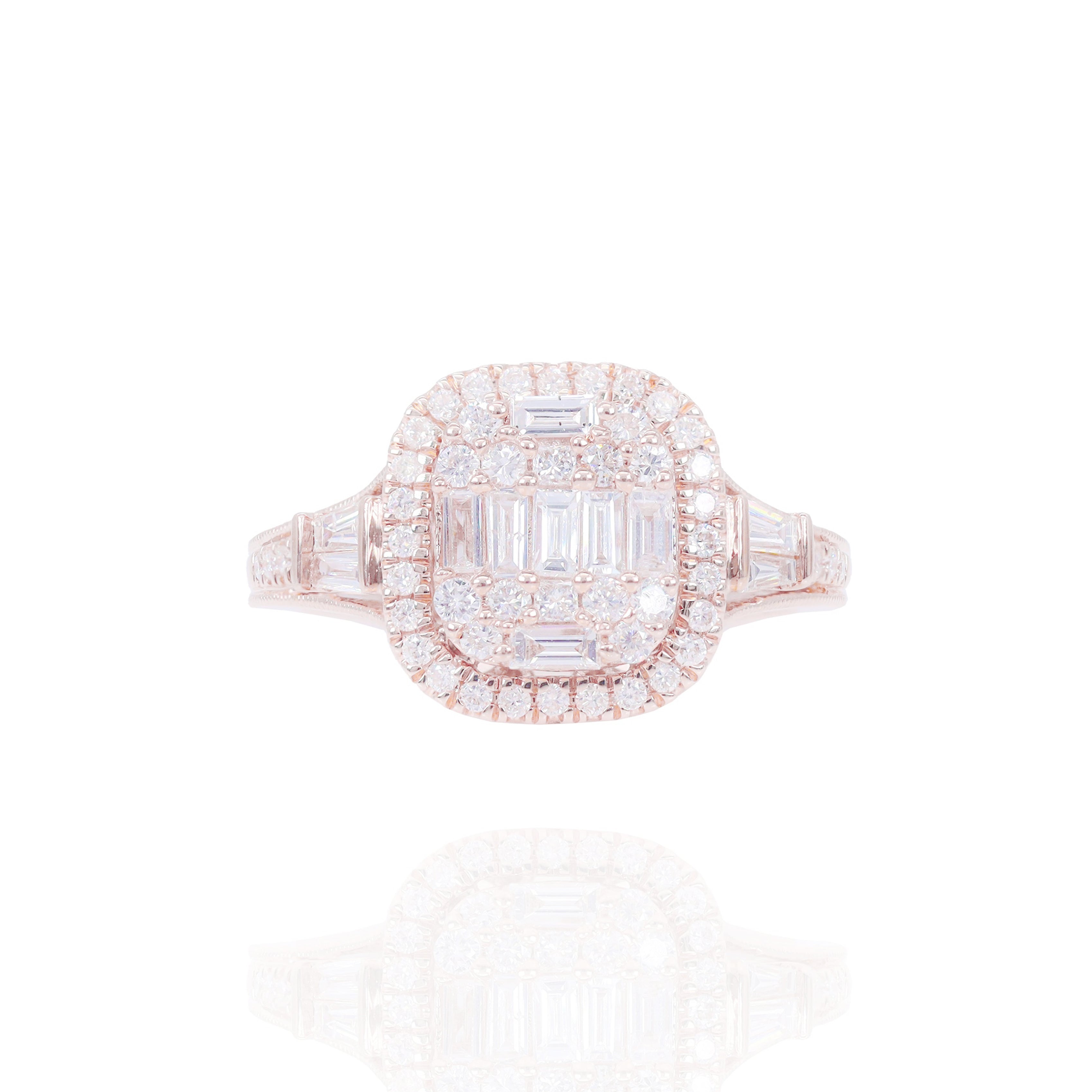 Radiant Shape Diamond Engagement Ring with Side Baguettes & Halo