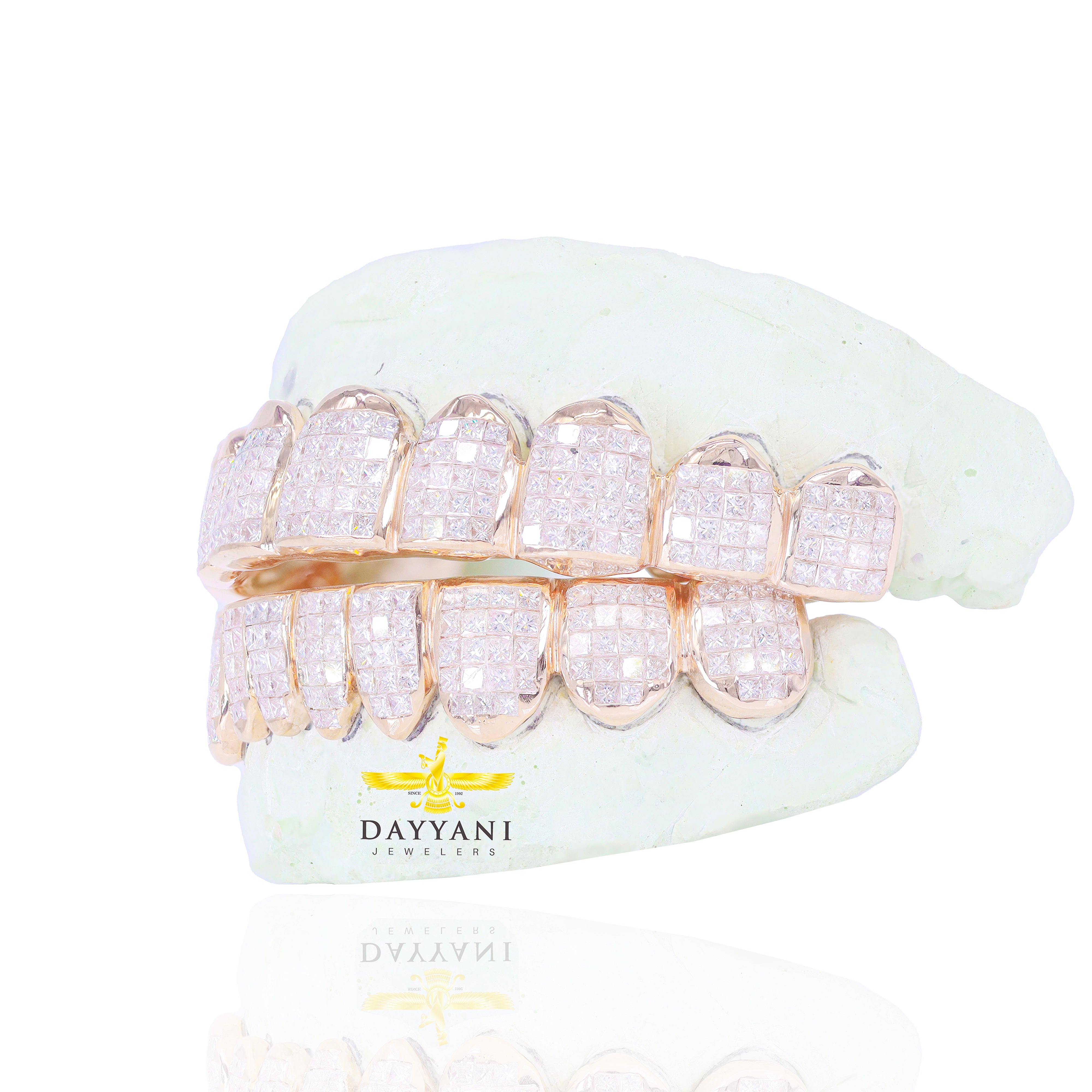 Custom VS Diamond Grillz Hand Set Natural Princess Cut Diamond Gold Grillz (Invisible Setting)
