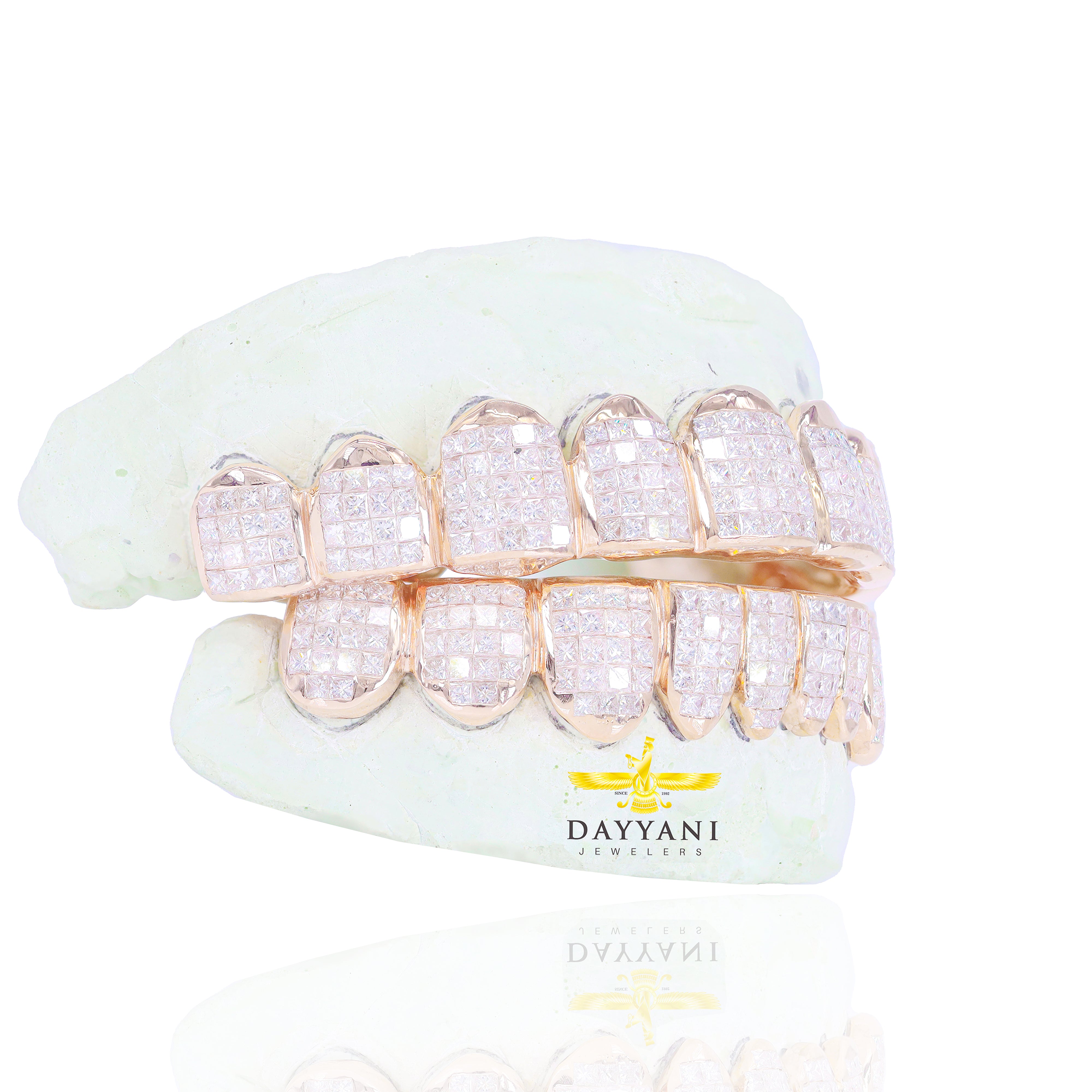 Custom VS Diamond Grillz Hand Set Natural Princess Cut Diamond Gold Grillz (Invisible Setting)