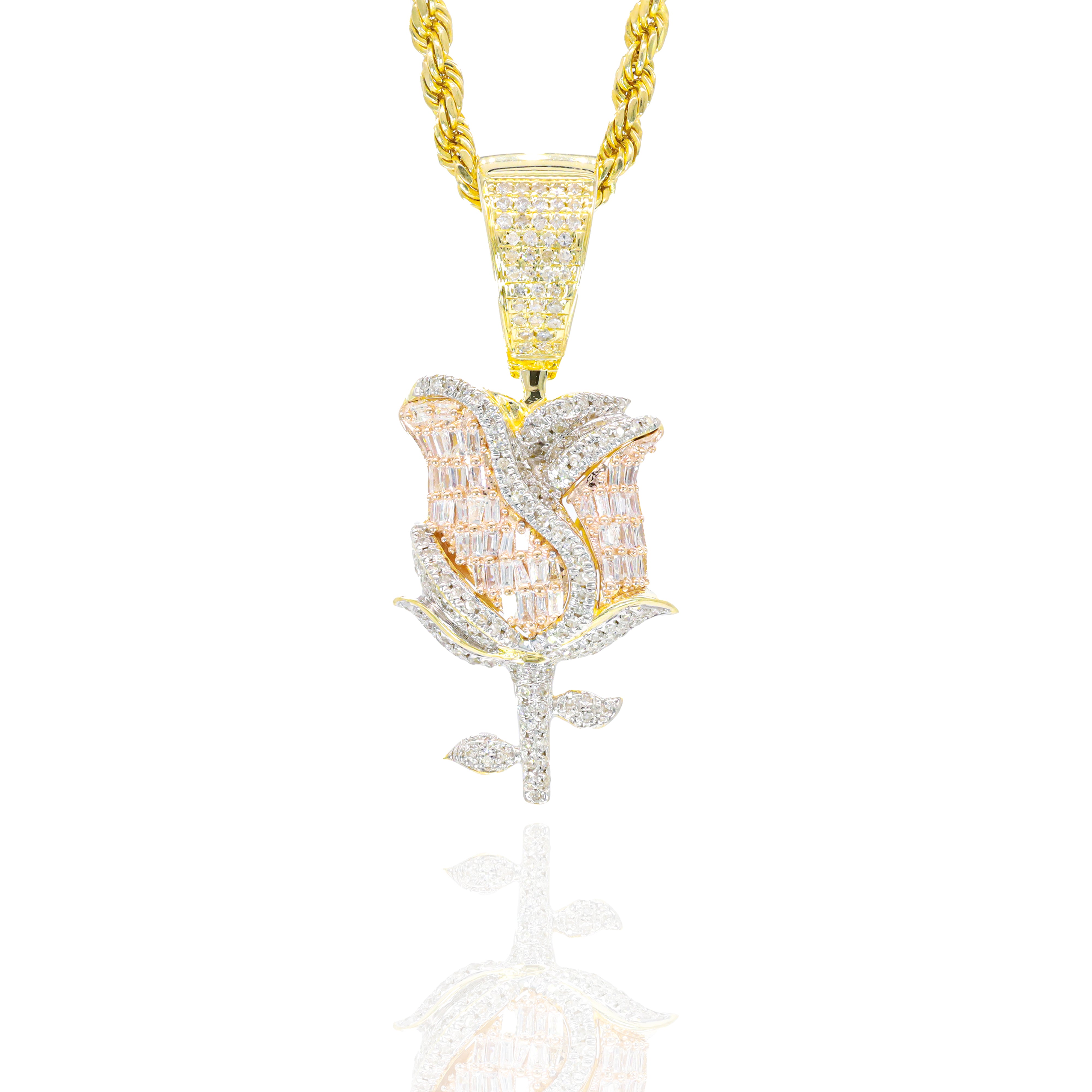 Baguette Diamond Rose Flower Diamond Pendant