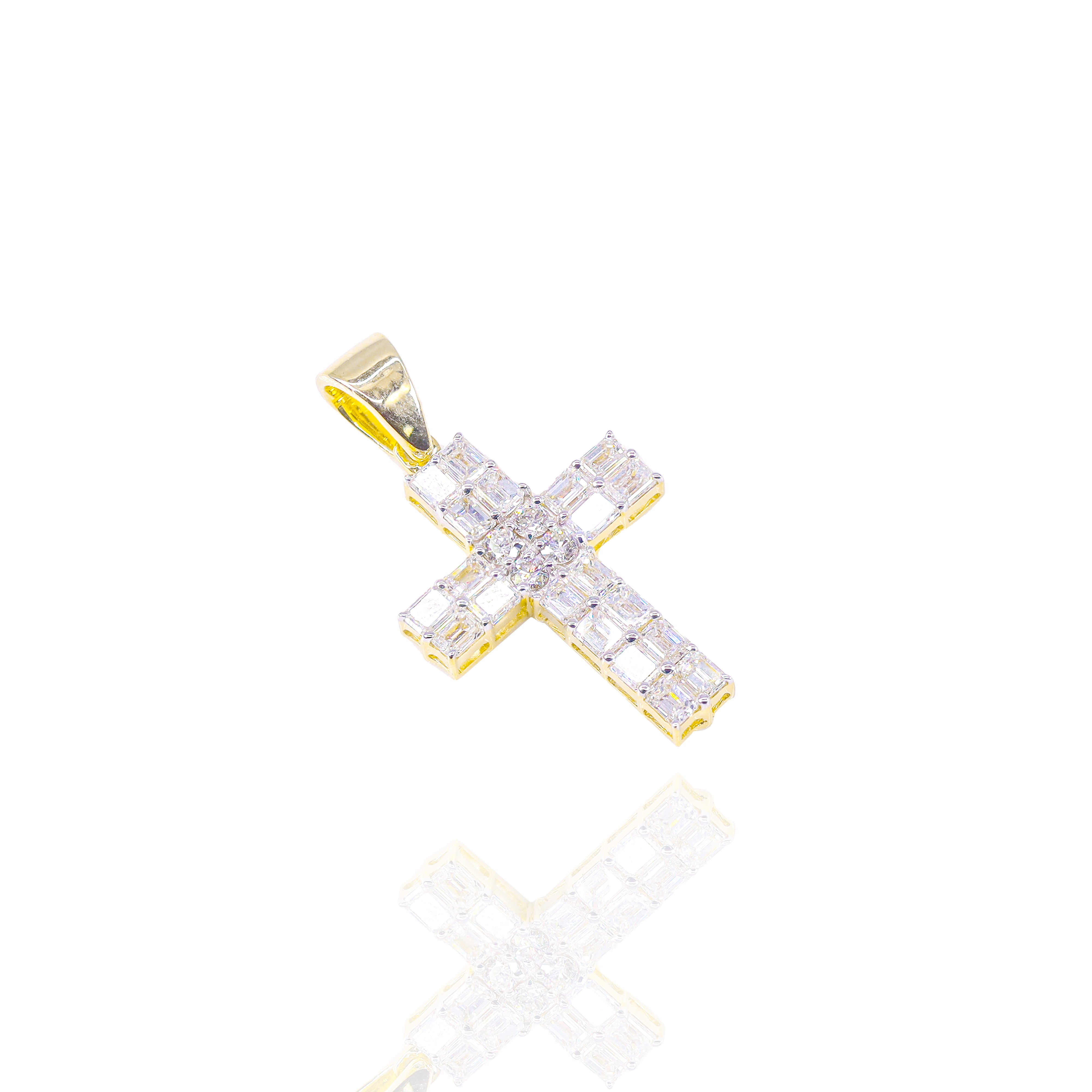 Small Emerald Cross Pendant w/ Round Diamond Center