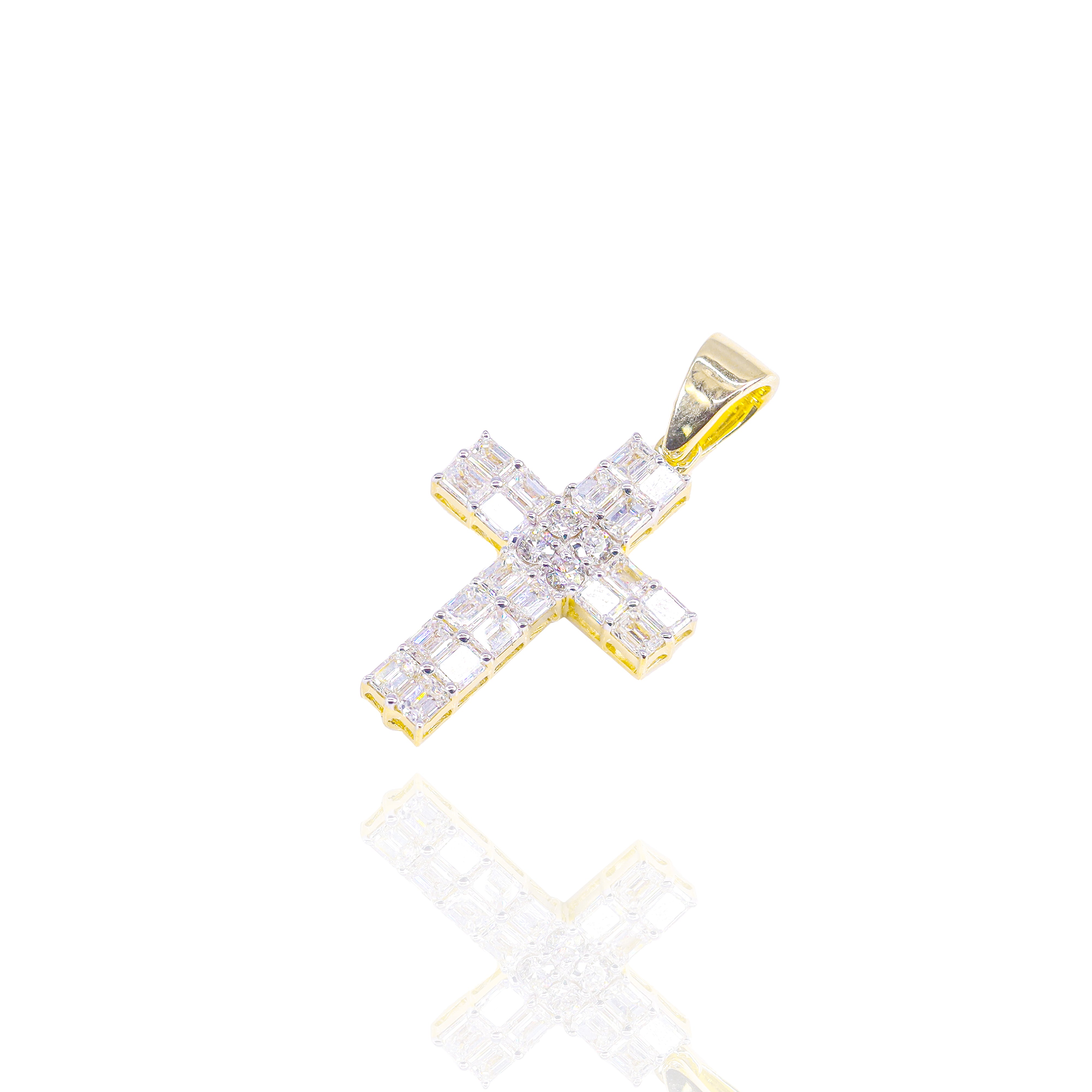 Small Emerald Cross Pendant w/ Round Diamond Center
