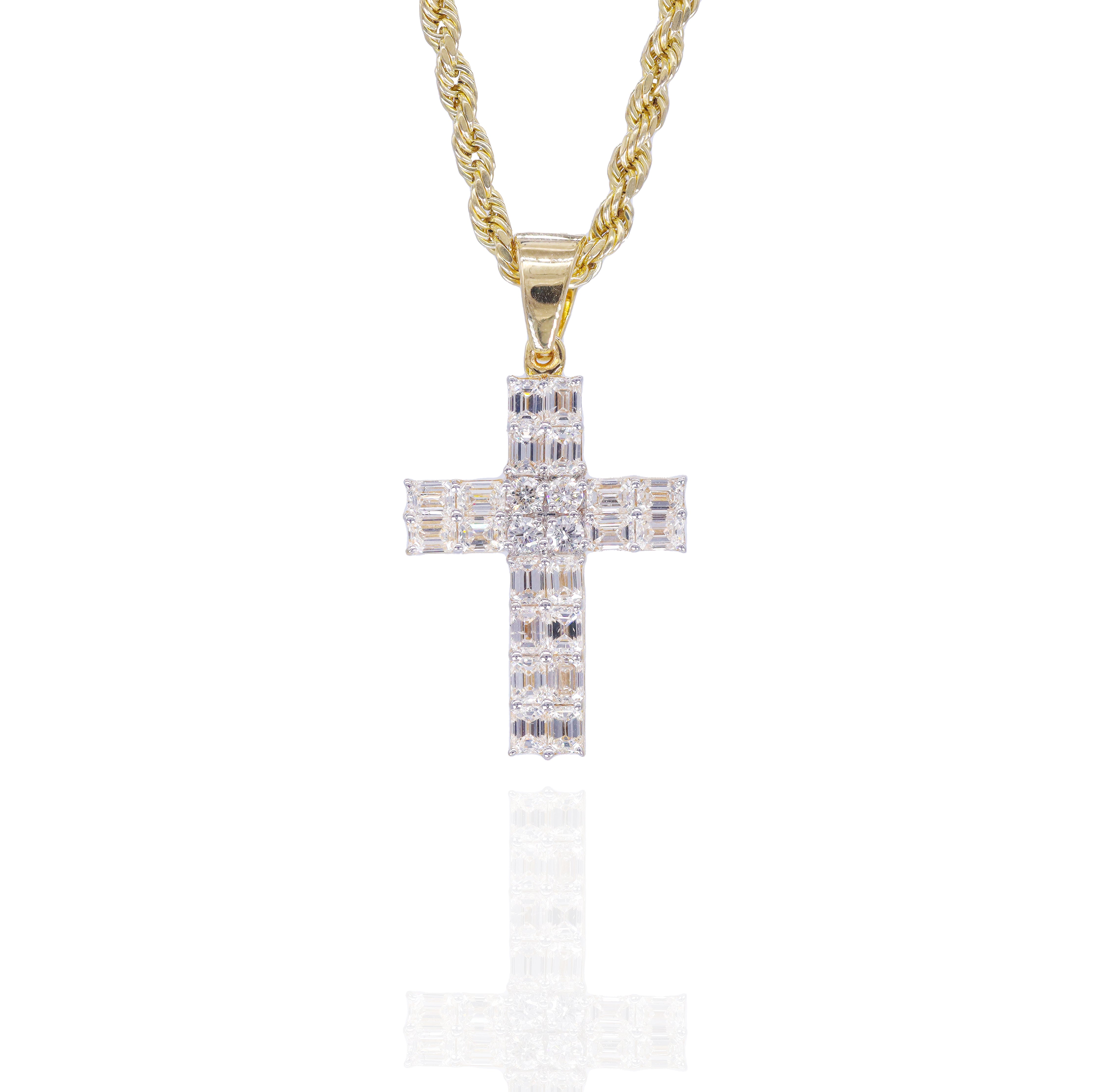Small Baguette Cross Pendant w/ Round Diamond Center