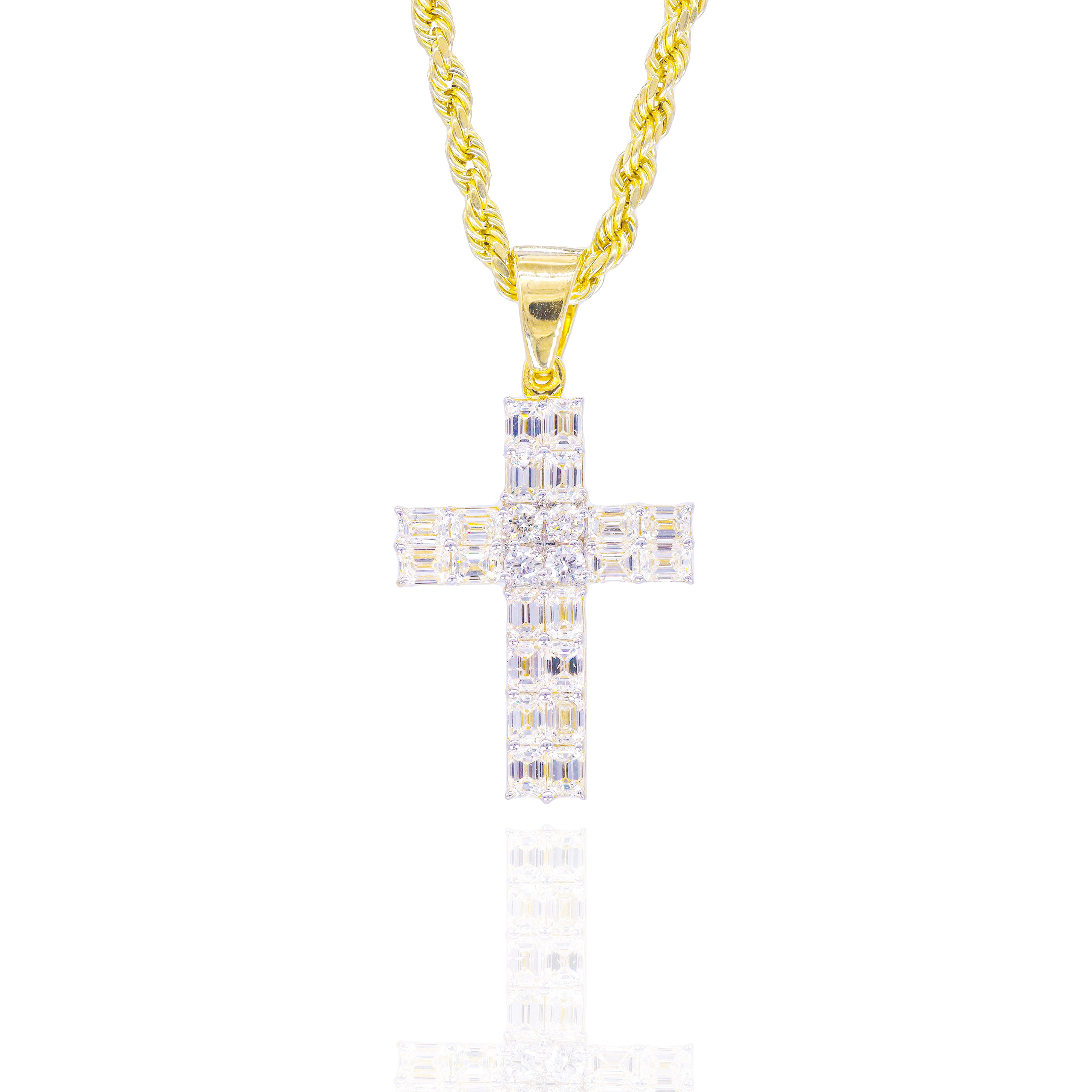 Small Emerald Cross Pendant w/ Round Diamond Center